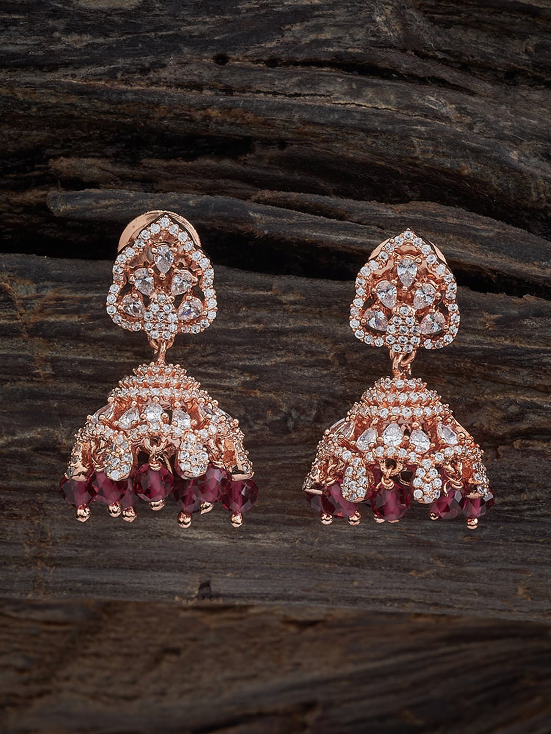

Kushal's Fashion Jewellery Rose Gold-Plated Zircon Studded Dome Shaped Jhumkas