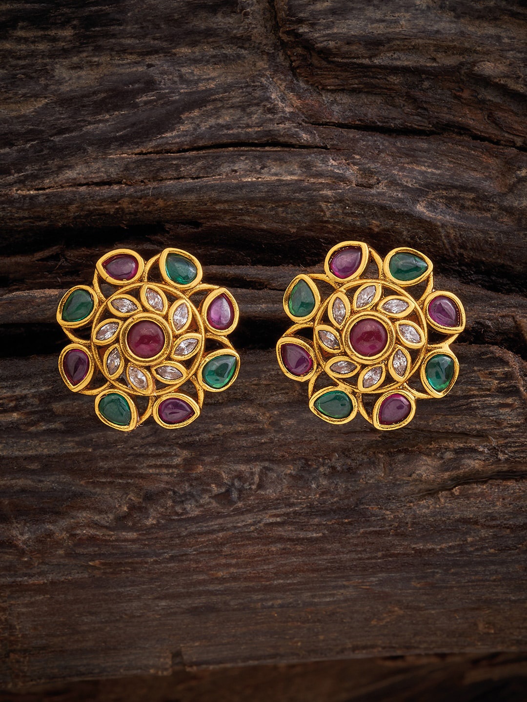 

Kushal's Fashion Jewellery Gold-Plated Stones Studded Floral Studs Earrings