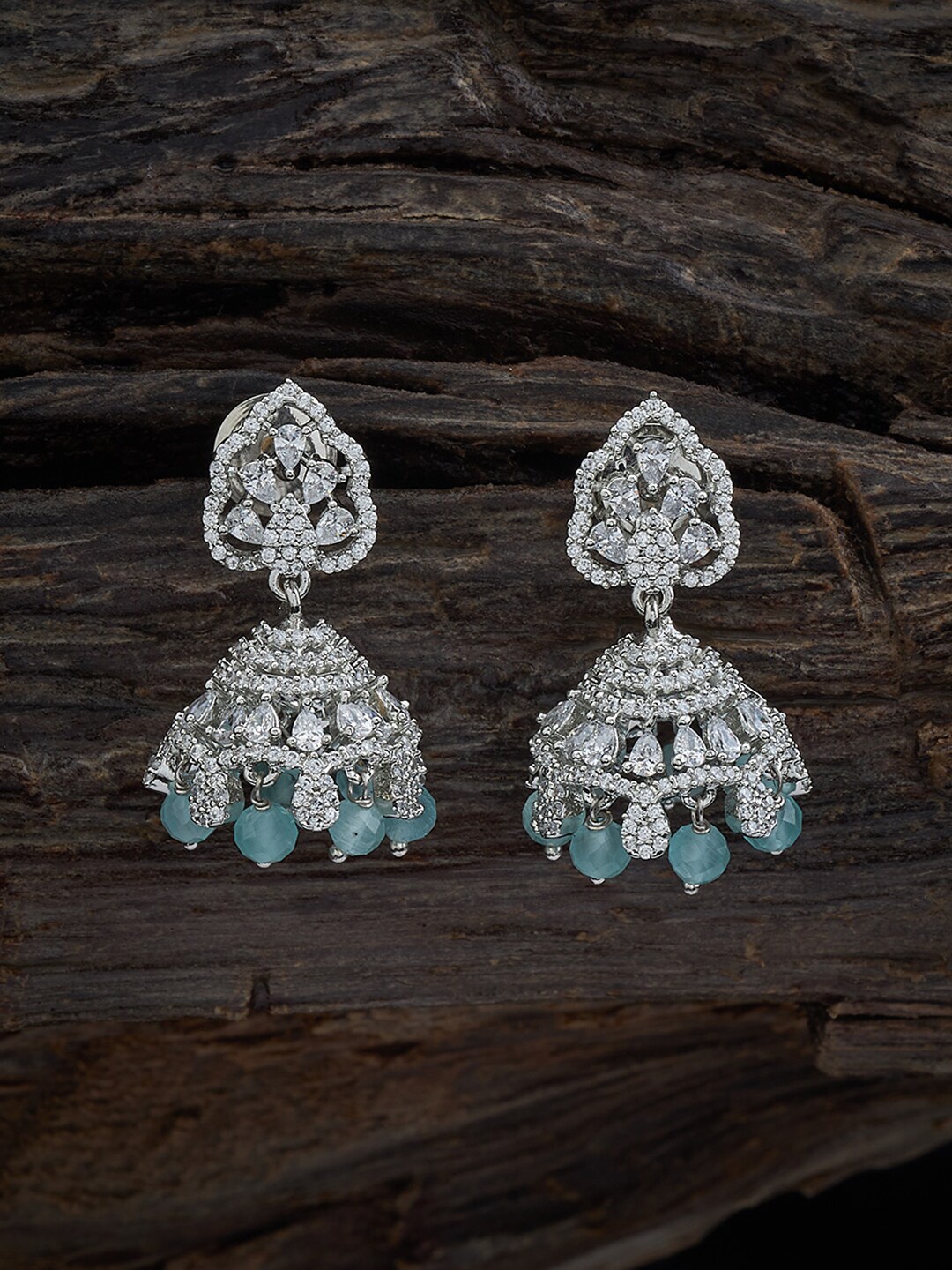 

Kushal's Fashion Jewellery Rhodium-Plated Cubic Zirconia Studded Studs Earrings, Sea green