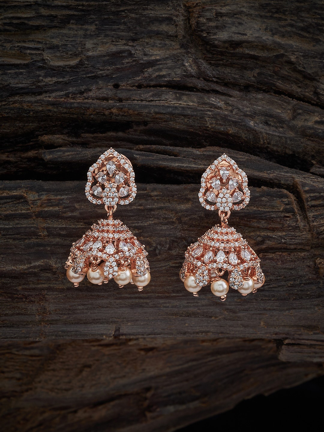 

Kushal's Fashion Jewellery Rose Gold-Plated Cubic Zirconia Studded Dome Shaped Jhumkas