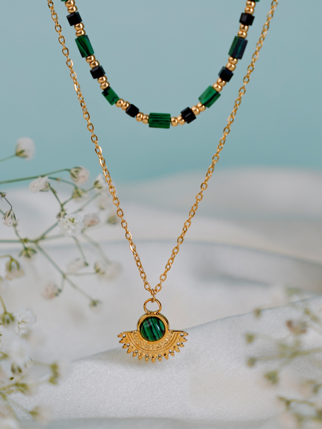 

SWASHAA 18K Gold-Plated Stone-Studded & Beaded Layered Stainless Steel Necklace