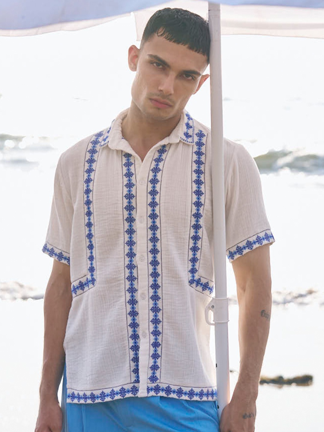 

Dash and Dot Relaxed Geometric Printed Organic Cotton Casual Shirt, White