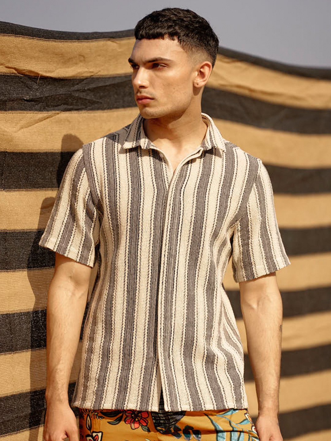 

Dash and Dot Relaxed Cotton Striped Casual Shirt, Nude