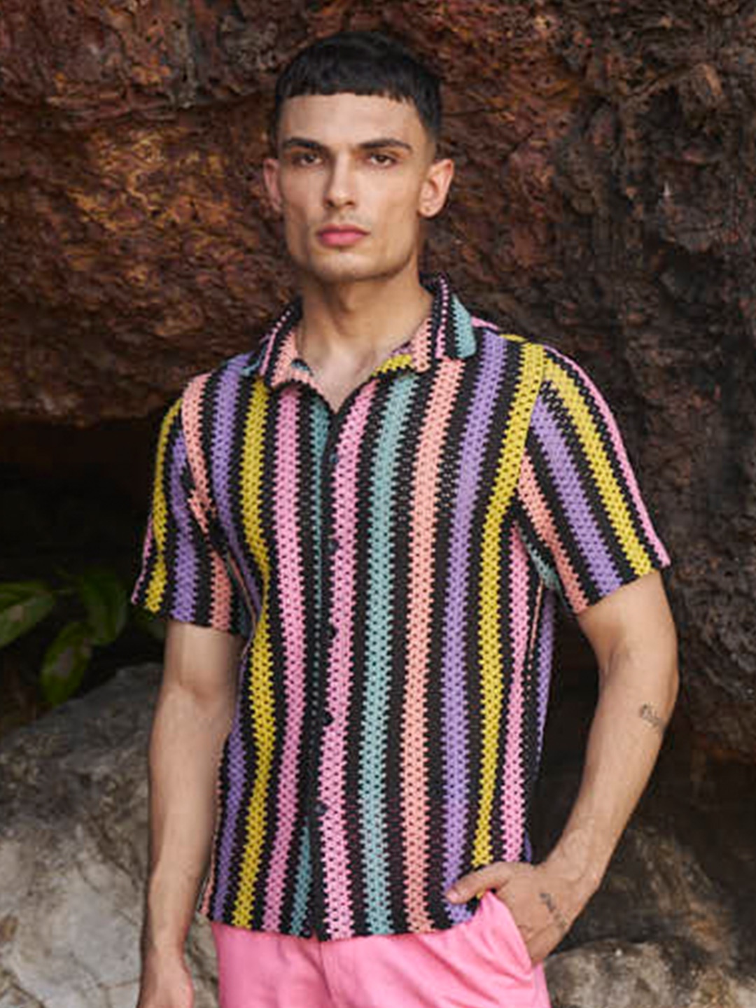

Dash and Dot Relaxed Cotton Striped Printed Casual Shirt, Pink