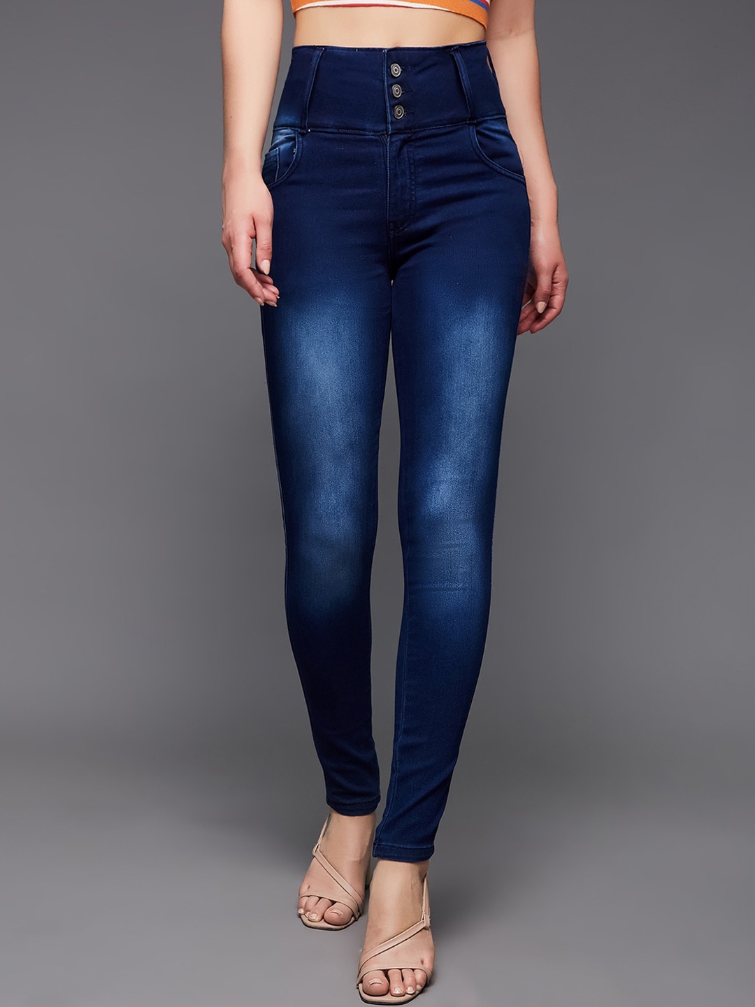 

DOLCE CRUDO Women Navy Blue Skinny Fit High-Rise Clean Look Heavy Fade Stretchable Jeans