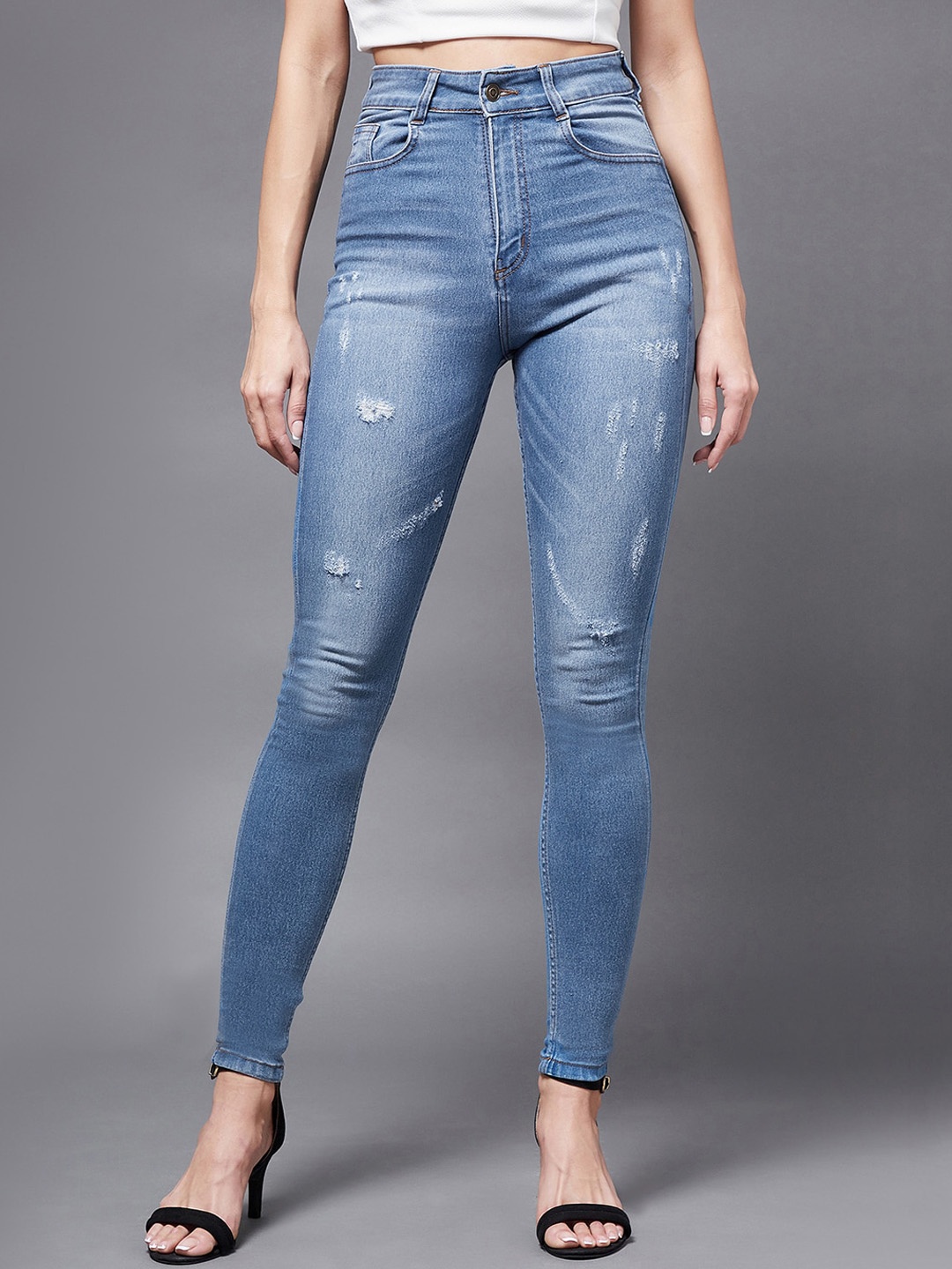 

DOLCE CRUDO Women Blue Skinny Fit High-Rise Mildly Distressed Light Fade Stretchable Jeans