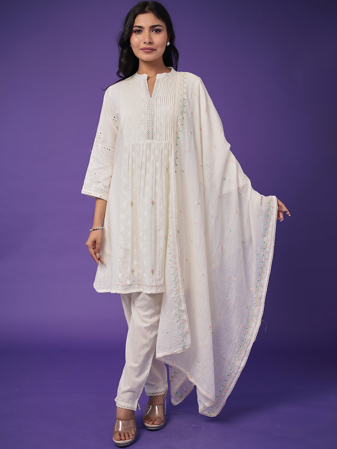 ZARI Ethnic Motifs Embroidered Pleated Mirror Work Pure Cotton Kurta, Trousers & Dupatta, Cream