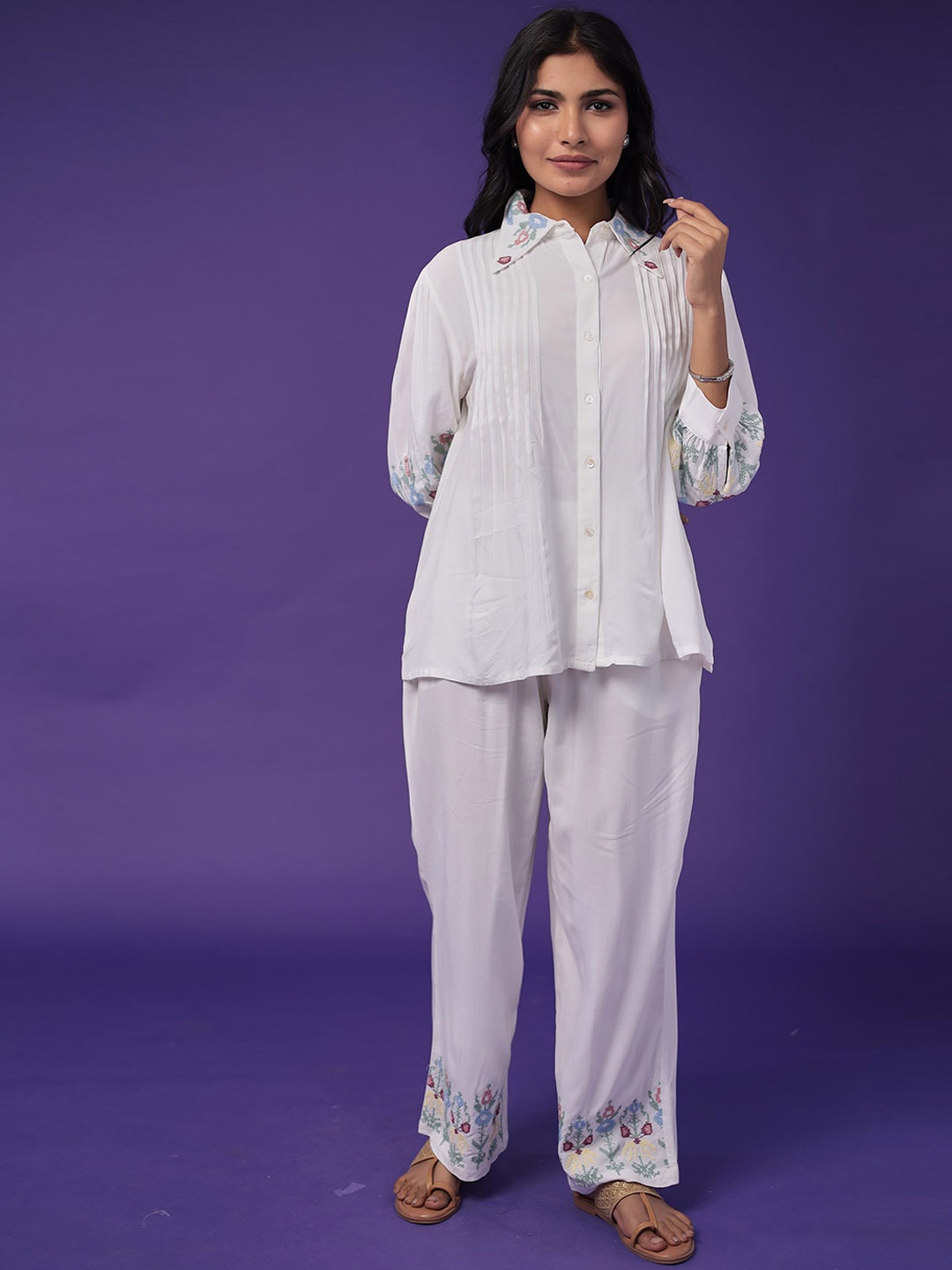 

ZARI Embroidered Thread Work Pure Cotton Casual Shirt With Trousers, White