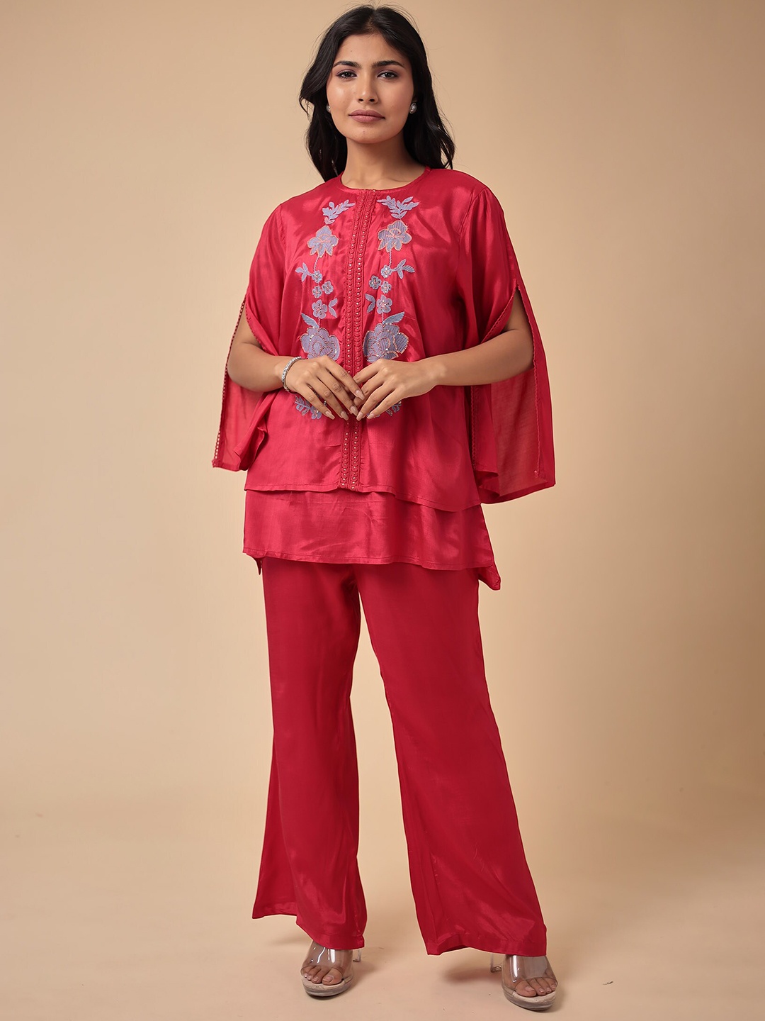 

ZARI Floral Embroidered Regular Thread Work Top with Trouser, Red