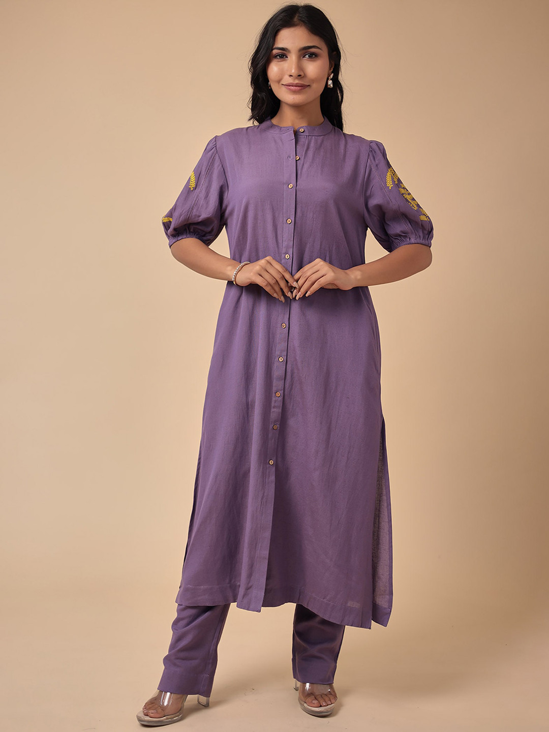 

ZARI Ethnic Motifs Embroidered Regular Thread Work Pure Cotton Kurta with Trouser, Purple