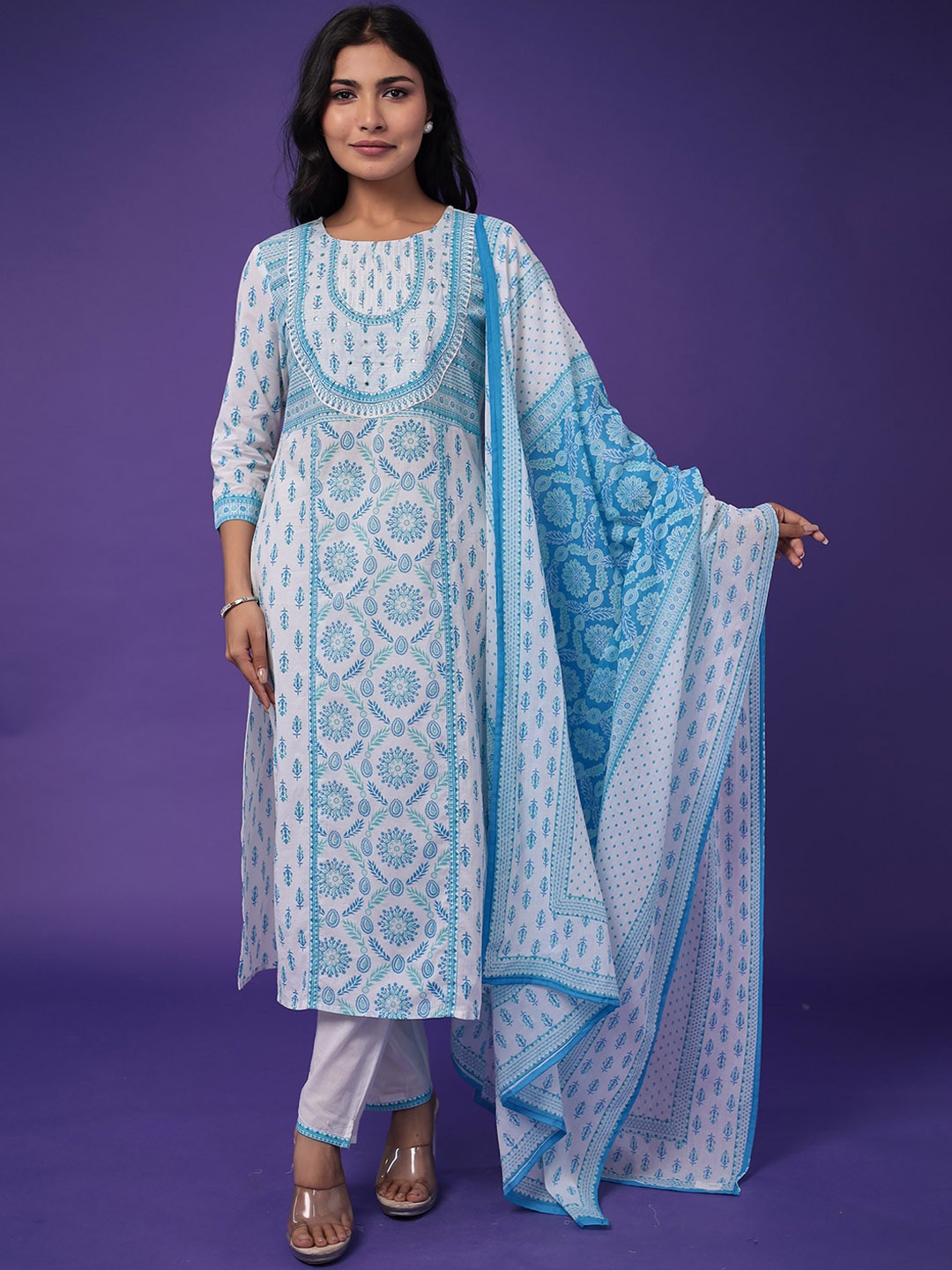

ZARI Ethnic Motifs Embroidered Thread Work Pure Cotton Kurta with Trousers & Dupatta, Blue