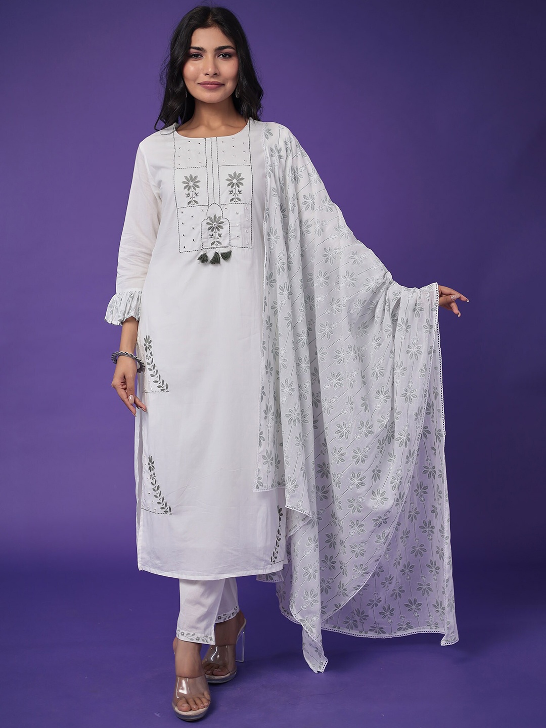 

ZARI Ethnic Motifs Embroidered Thread Work Pure Cotton Kurta with Trouser & Dupatta, White