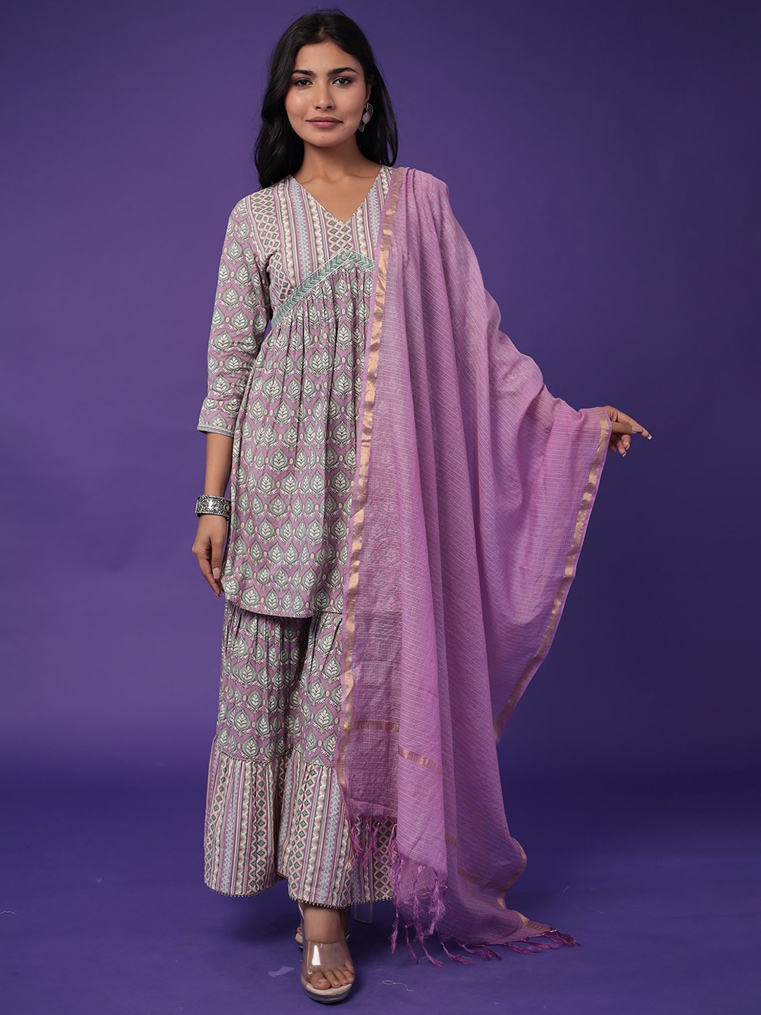 

ZARI Ethnic Motifs Printed Regular Pure Cotton Kurta with Sharara & Dupatta, Purple