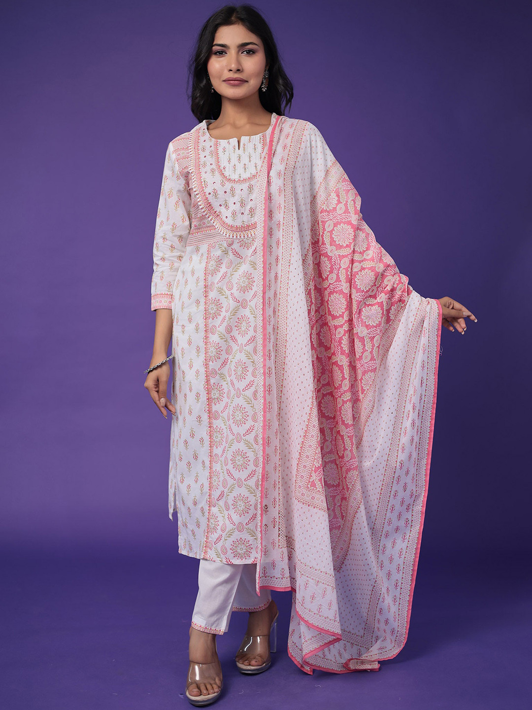 

ZARI Floral Embroidered Regular Sequinned Pure Cotton Kurta with Trouser & Dupatta, Pink