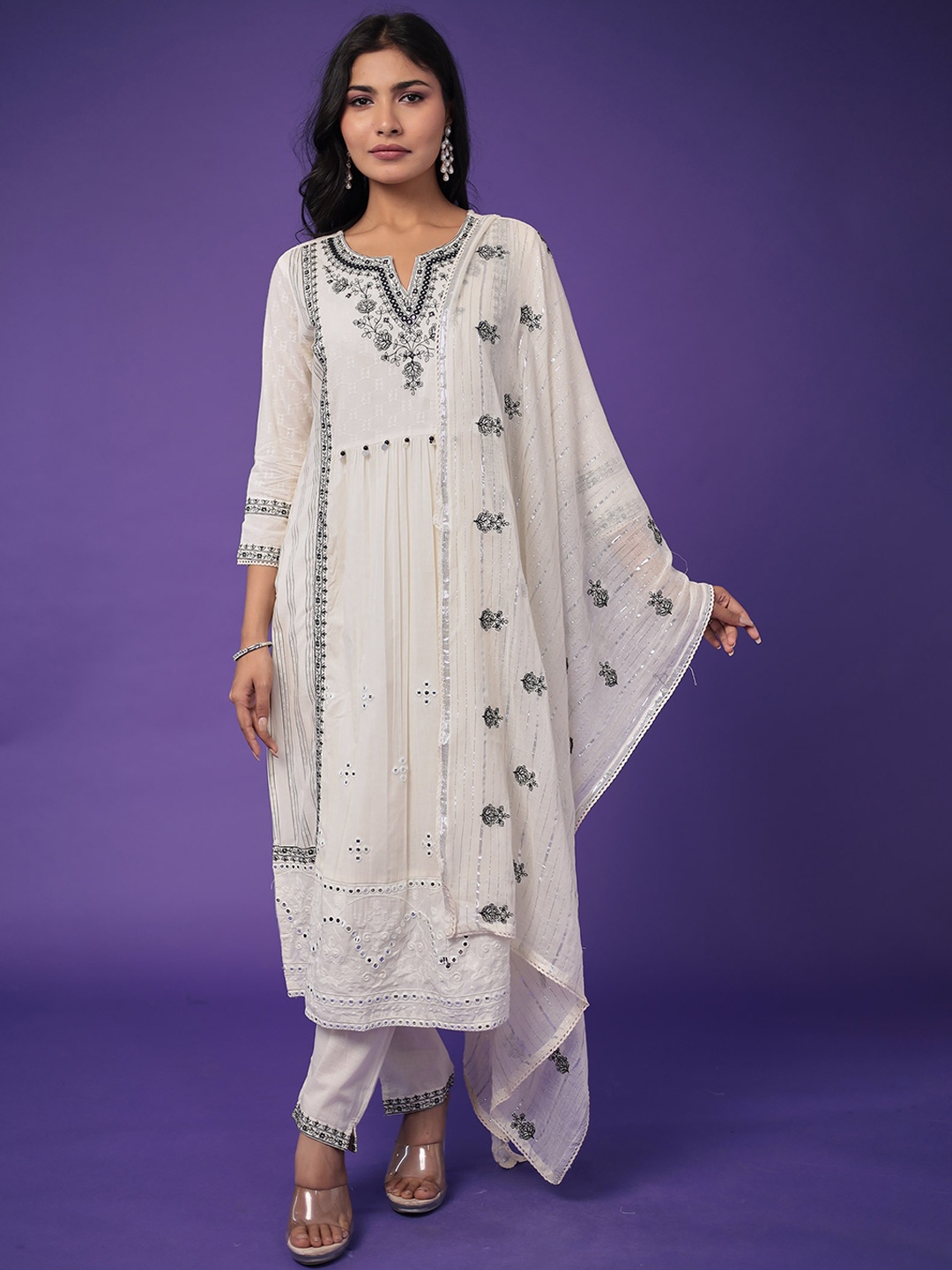 

ZARI Ethnic Motifs Embroidered Thread Work Pure Cotton Kurta with Trouser & Dupatta, Cream