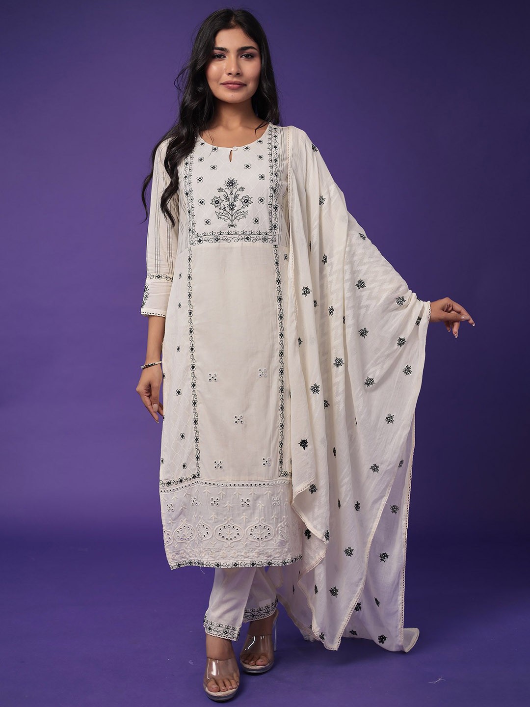 

ZARI Floral Embroidered Regular Thread Work Pure Cotton Kurta with Trouser & Dupatta, Cream