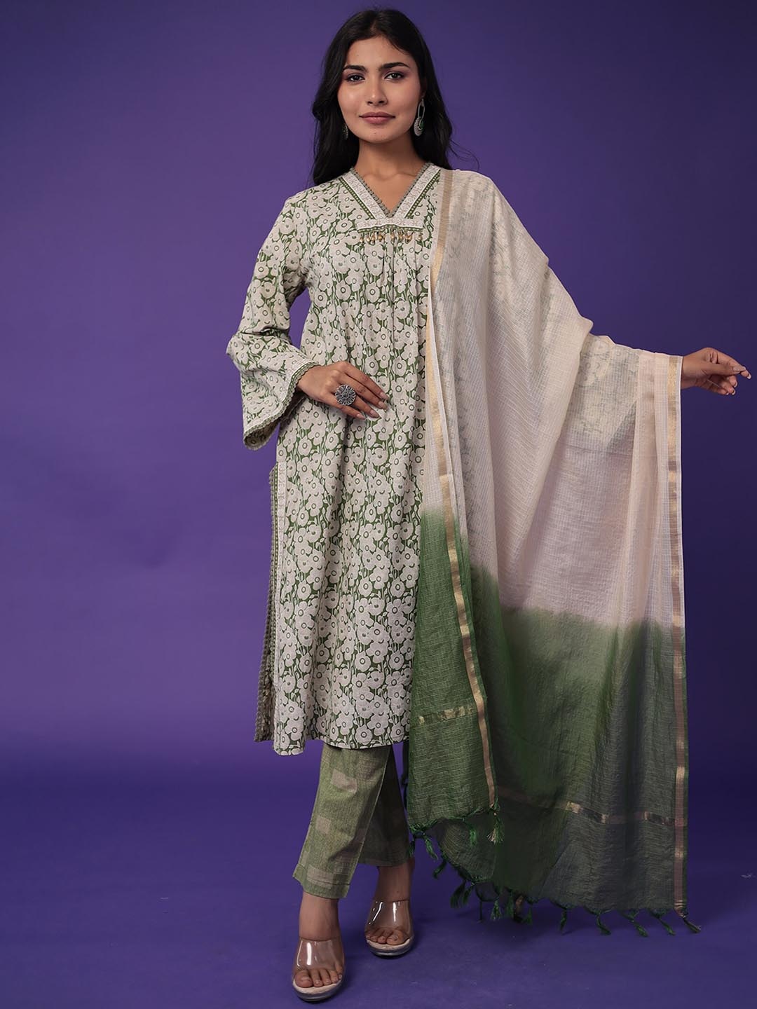 

ZARI Floral Embroidered Regular Thread Work Pure Cotton Kurta with Trouser & Dupatta, Green