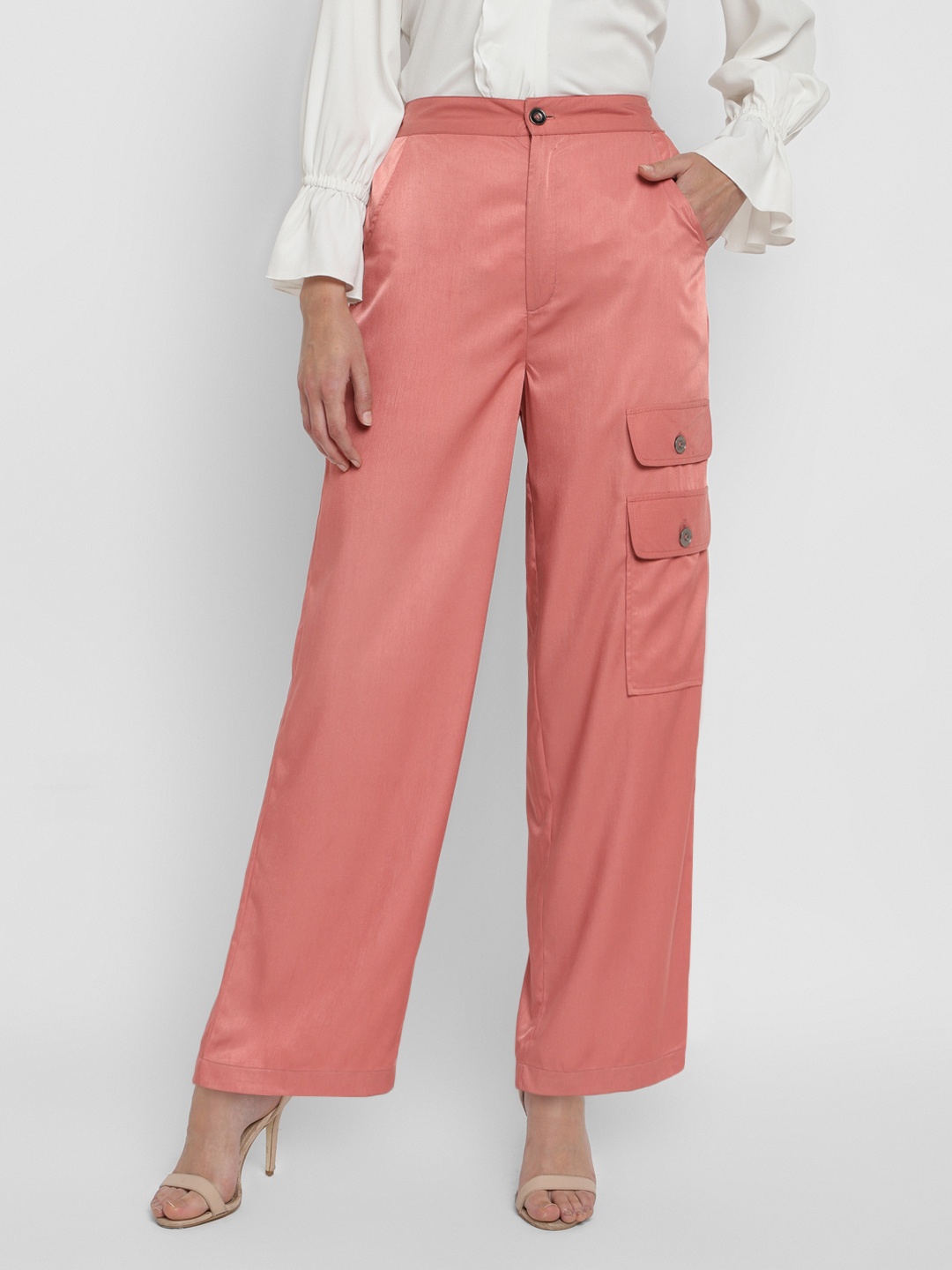 

Taurus Women Mid-Rise Plain Snap Button Cotton Cargos Trousers, Pink