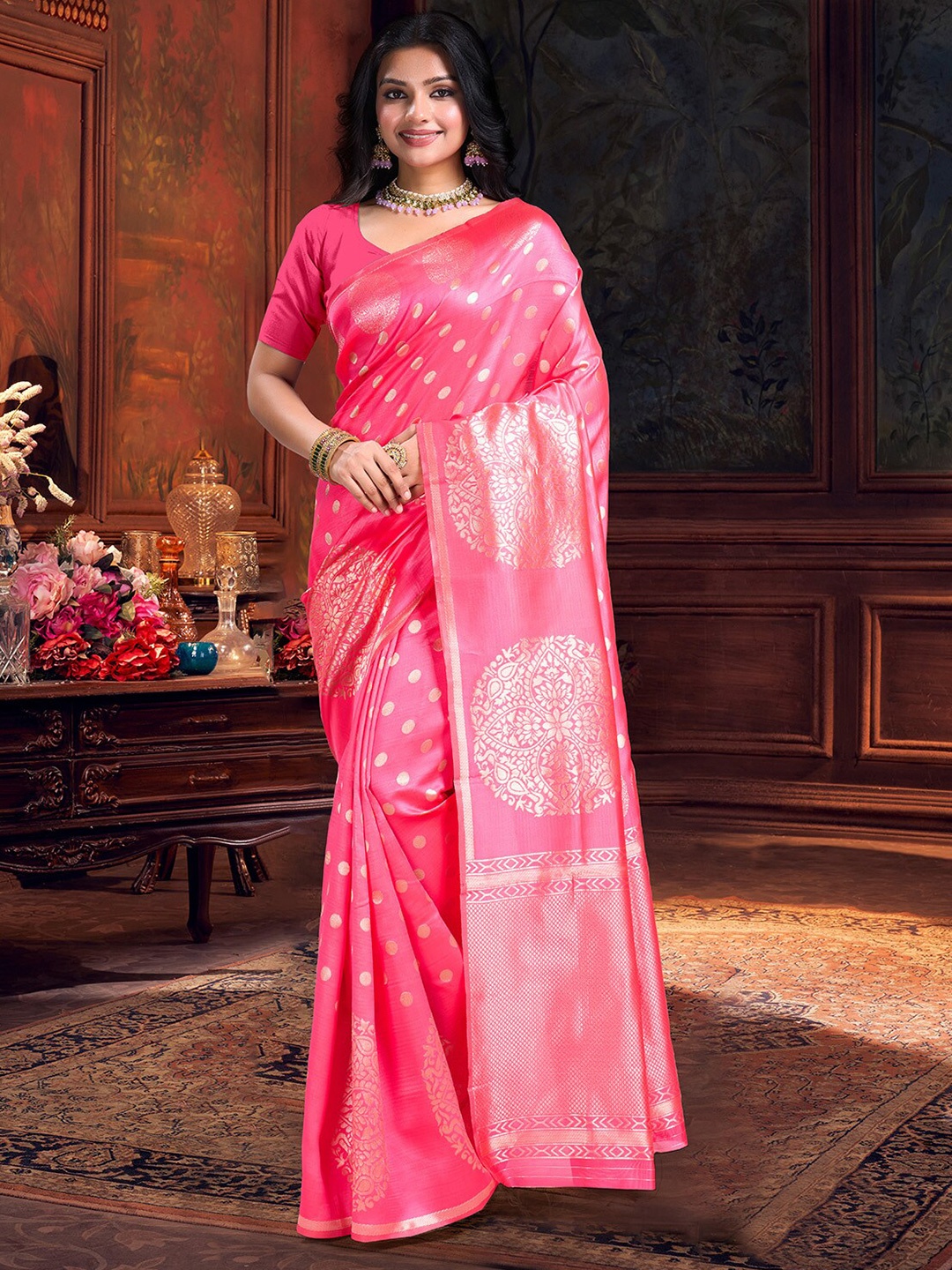 

V3 FASHION STUDIO Ethnic Motifs Zari Art Silk Banarasi Saree, Pink