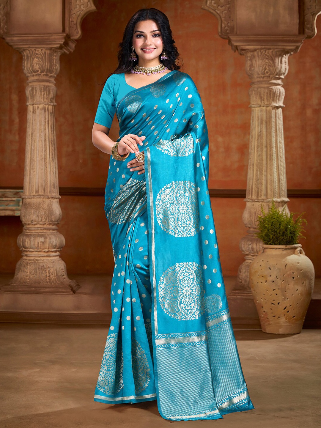 

V3 FASHION STUDIO Ethnic Motifs Zari Art Silk Banarasi Saree, Blue