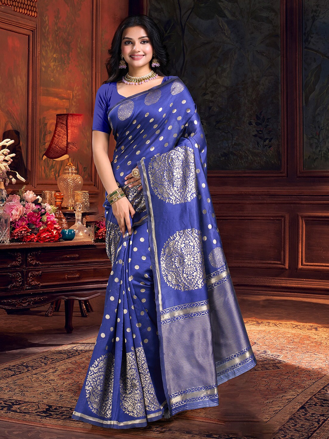 

V3 FASHION STUDIO Ethnic Motifs Zari Art Silk Banarasi Saree, Blue