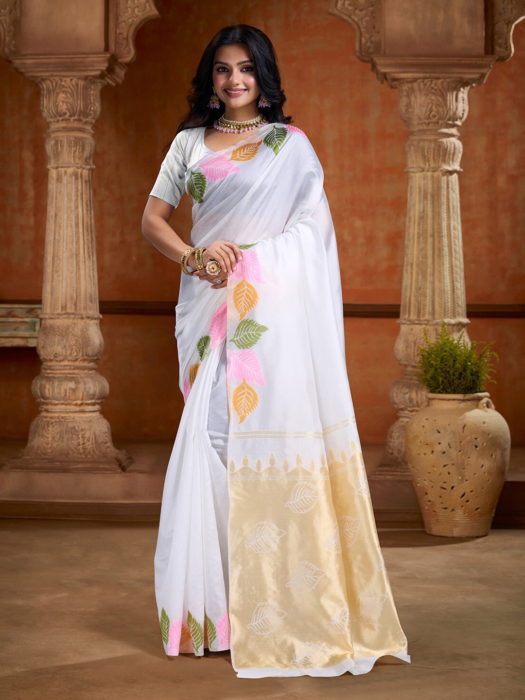 

V3 FASHION STUDIO Ethnic Motifs Zari Art Silk Banarasi Saree, White