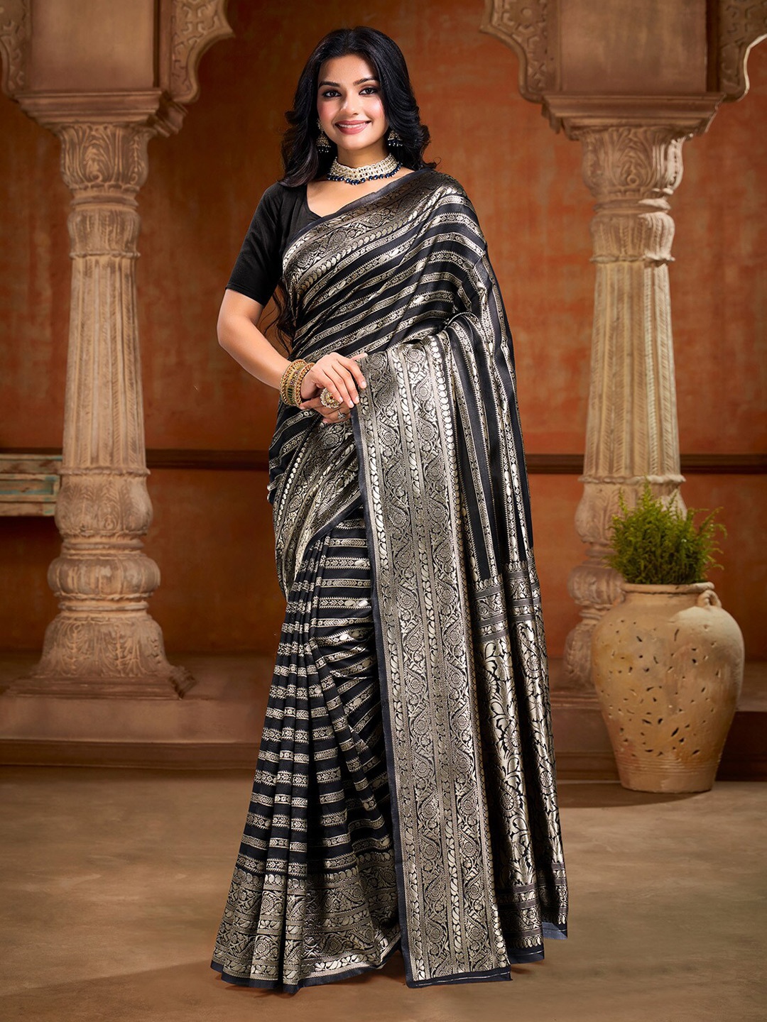 

V3 FASHION STUDIO Ethnic Motifs Zari Art Silk Banarasi Saree, Black