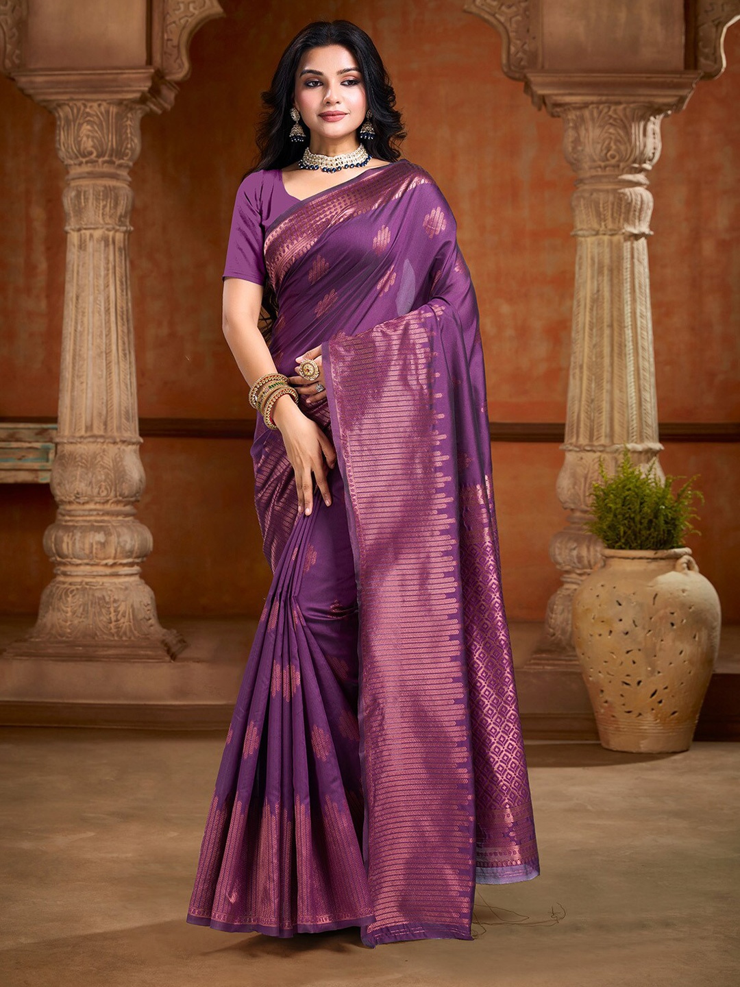 

V3 FASHION STUDIO Ethnic Motifs Zari Art Silk Banarasi Saree, Purple