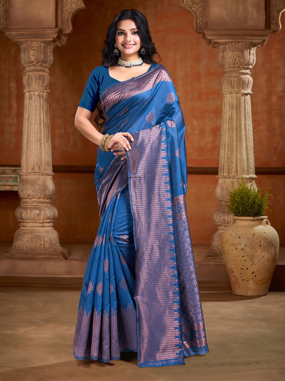 

V3 FASHION STUDIO Ethnic Motifs Zari Art Silk Banarasi Saree, Blue