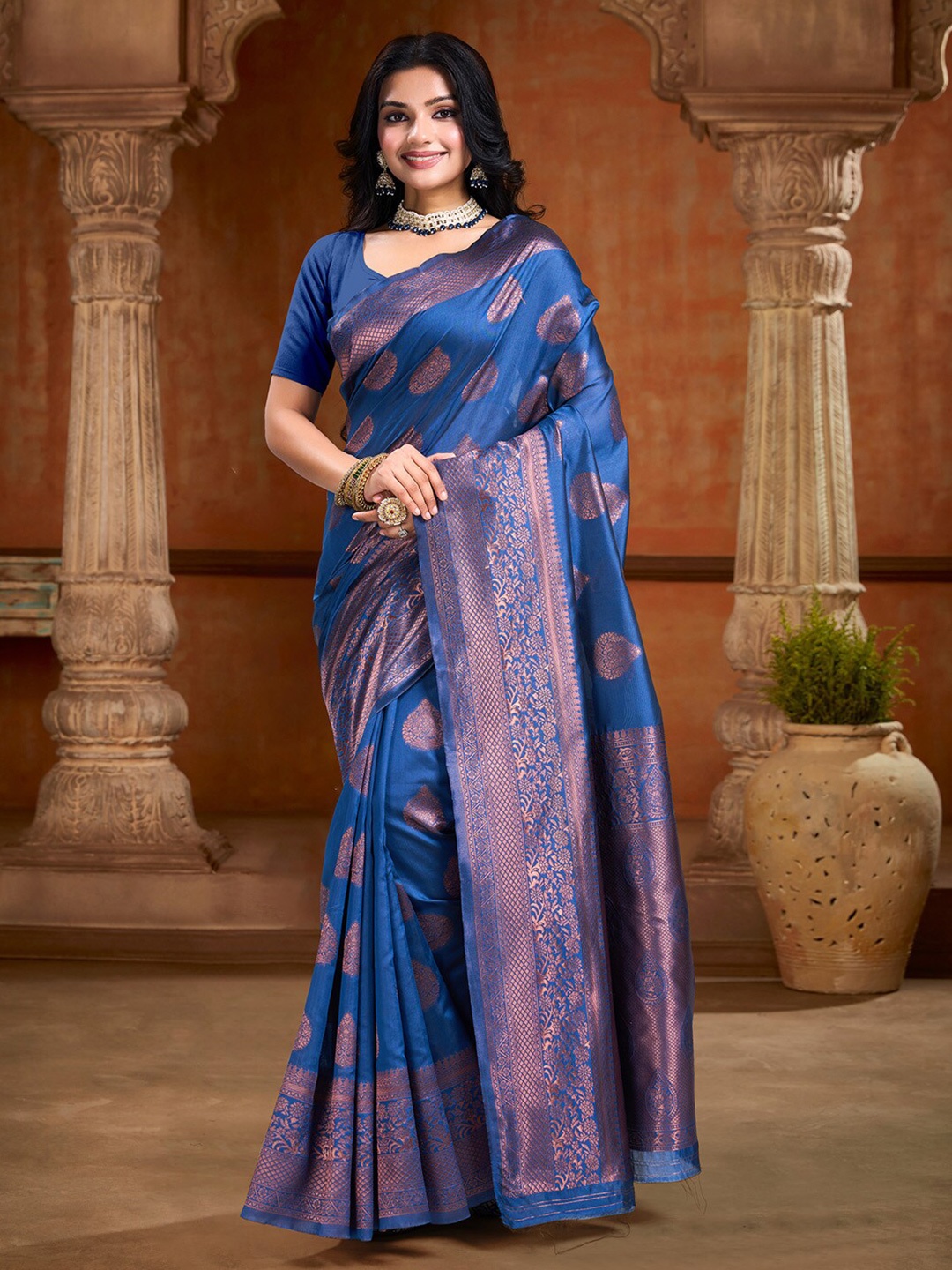 

V3 FASHION STUDIO Ethnic Motifs Zari Art Silk Banarasi Saree, Blue