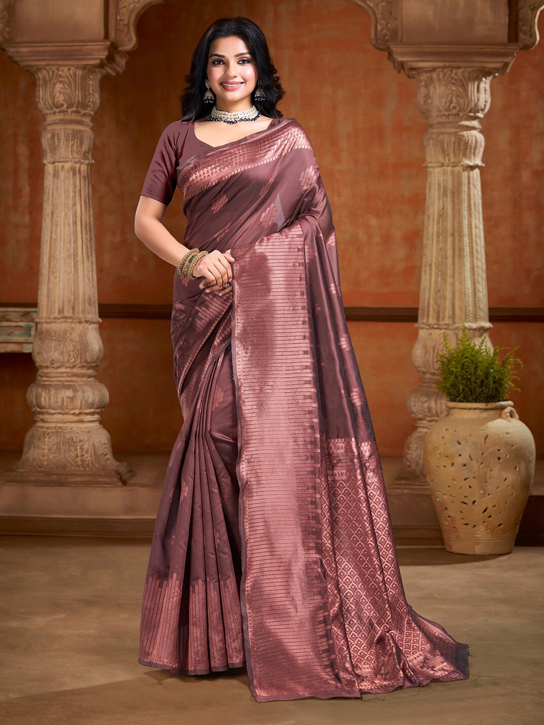 

V3 FASHION STUDIO Ethnic Motifs Zari Art Silk Banarasi Saree, Brown