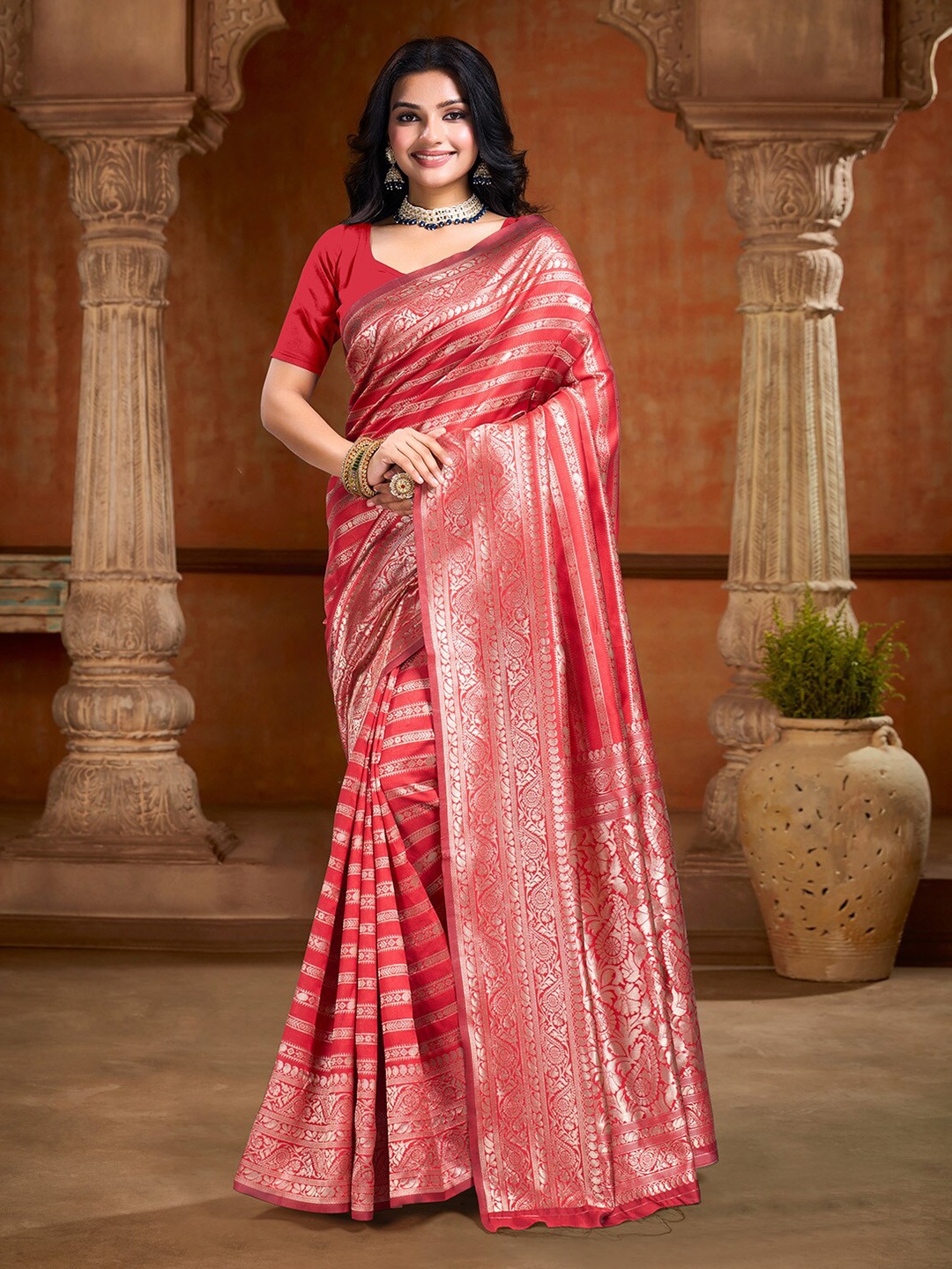 

V3 FASHION STUDIO Ethnic Motifs Zari Art Silk Banarasi Saree, Red