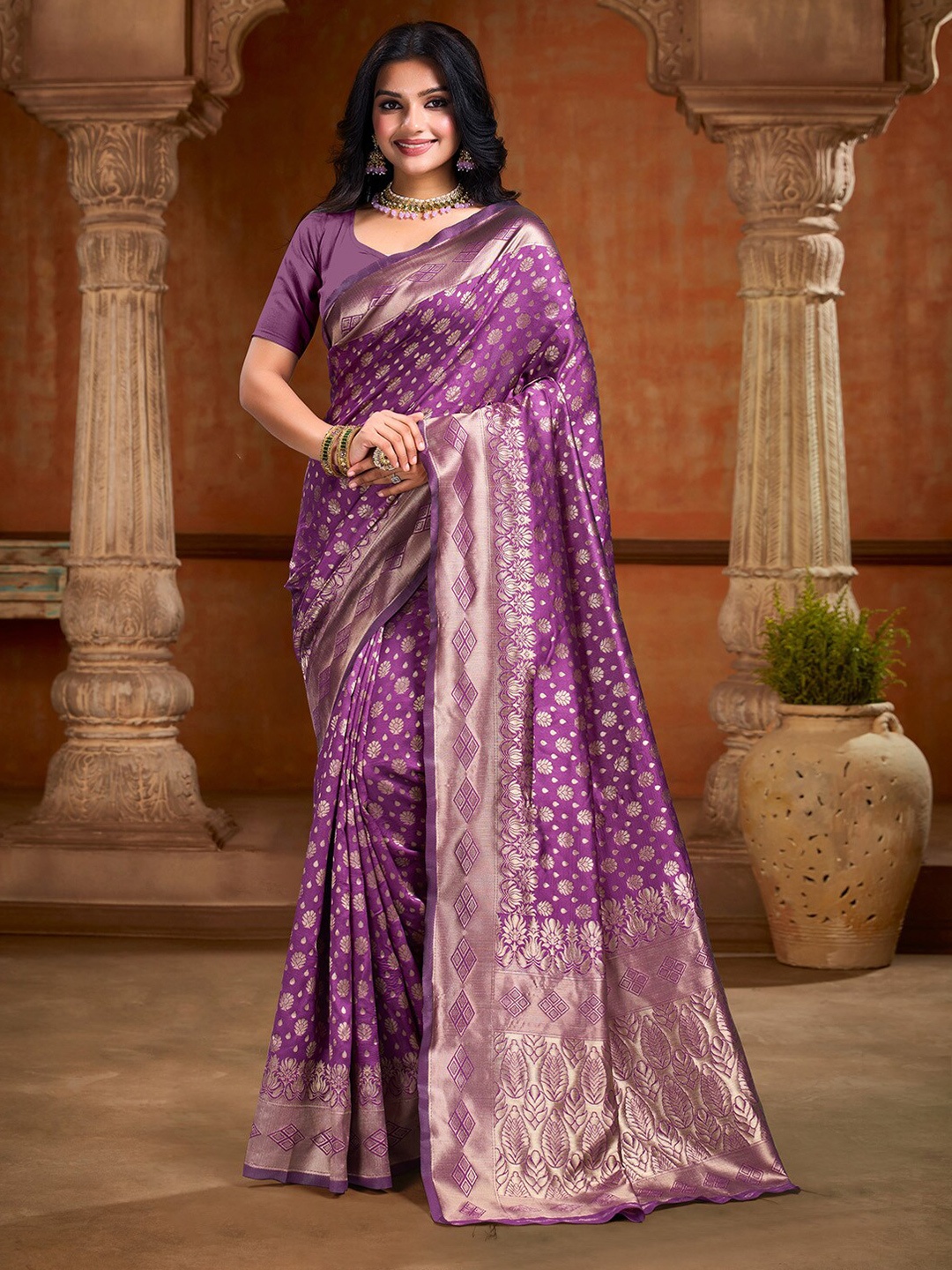 

V3 FASHION STUDIO Ethnic Motifs Zari Art Silk Banarasi Saree, Purple