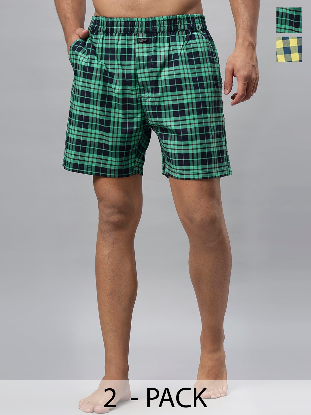 

The Roadster Lifestyle Co. Pack of 2 Checked Pure Cotton Inner Elasticated Boxers RD-H-140, Green