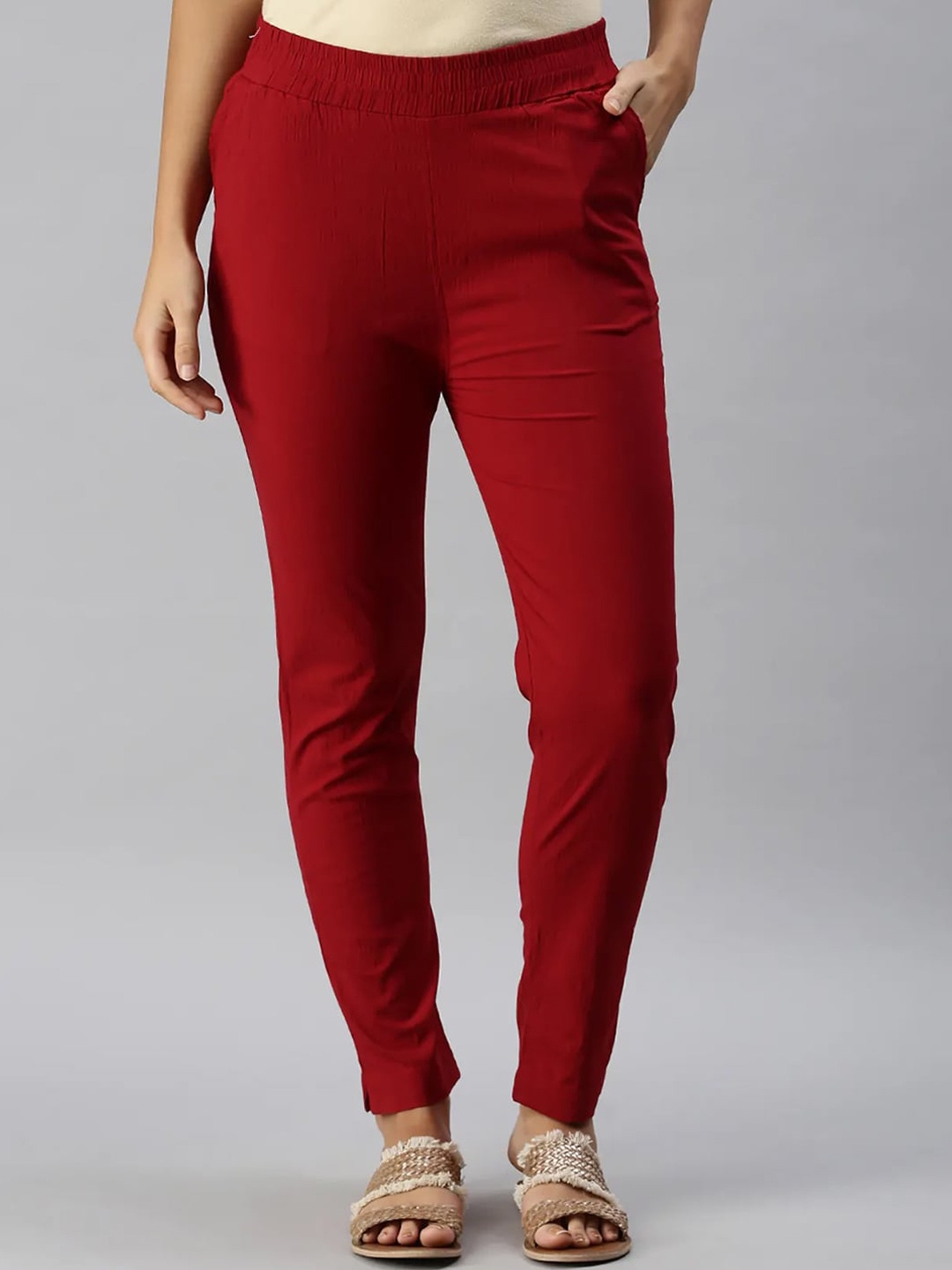 

Soch Women Plain Mid-Rise Slip-On Slim Fit Trousers, Red