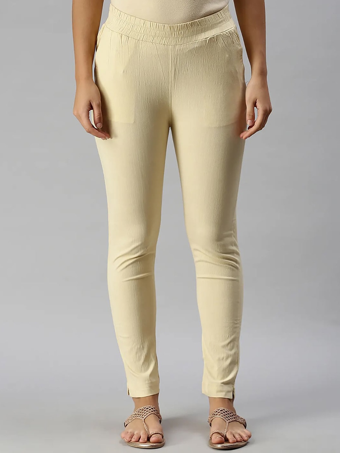 

Soch Women Plain Mid-Rise Slip-On Slim Fit Trousers, Beige