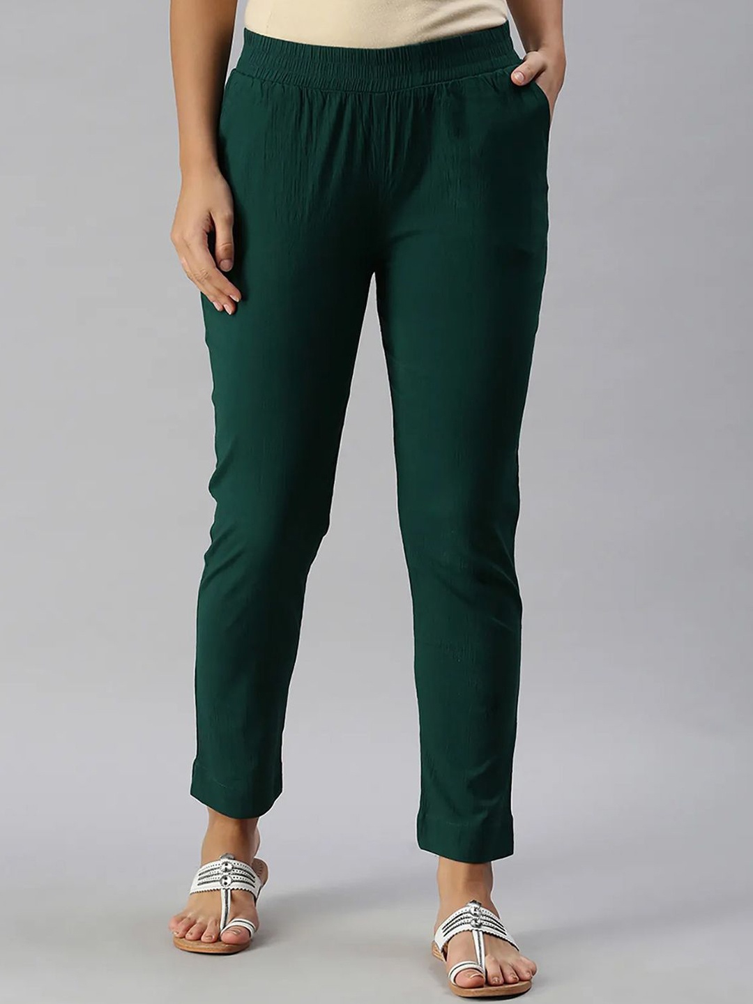 

Soch Women Plain Mid-Rise Slip-On Slim Fit Trousers, Green