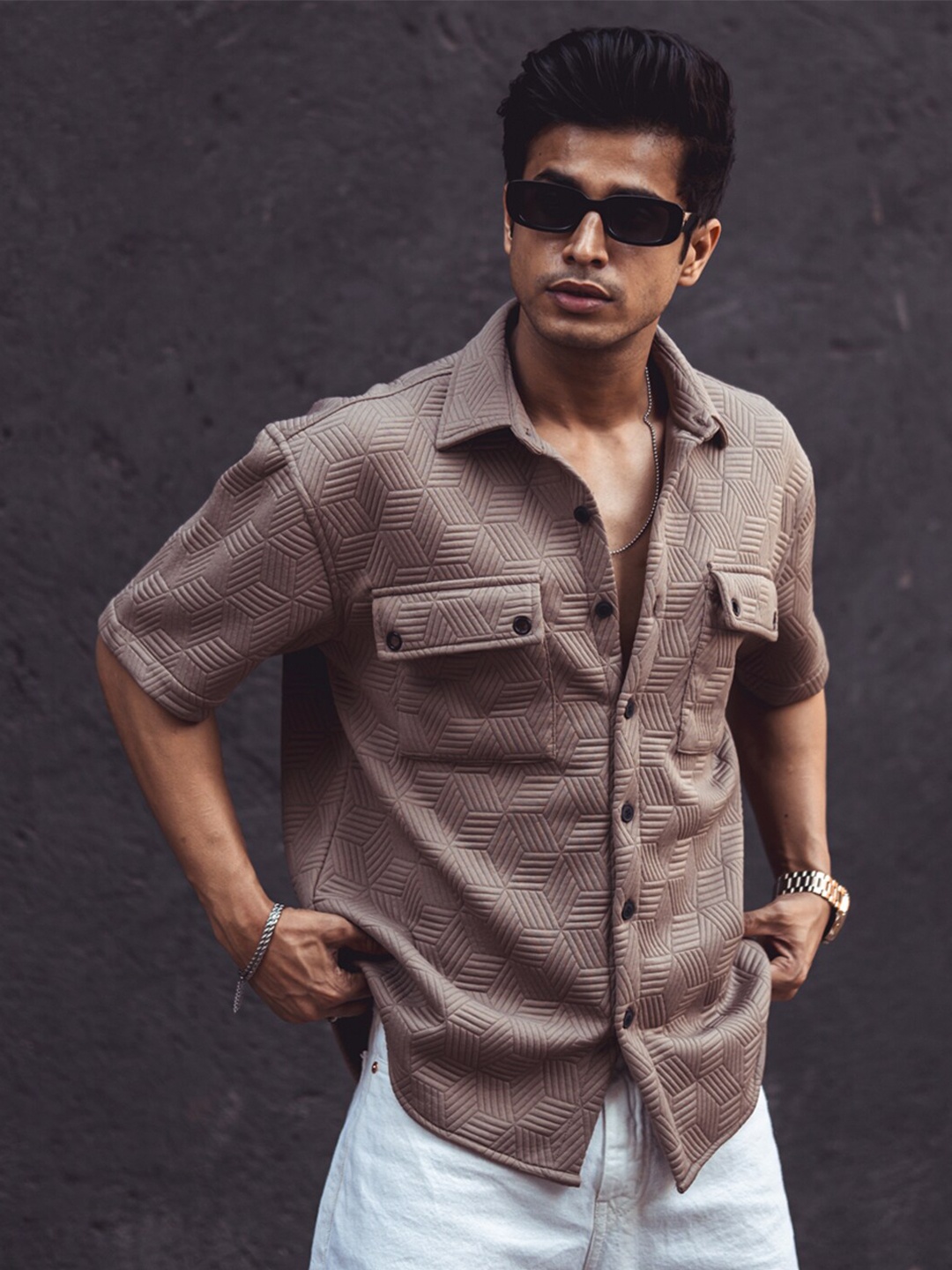 

Powerlook Brown India Slim Oversized Self Design Drop-Shoulder Sleeves Casual Shirt