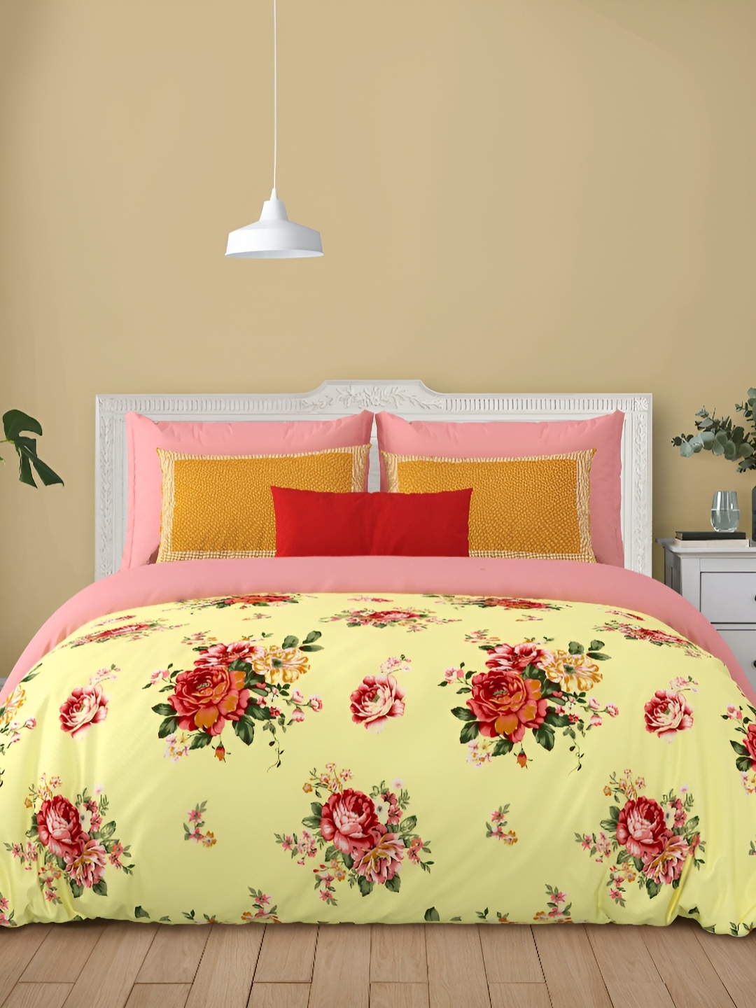 

LIVING ROOTS Super King Size Jaipur Block Print Cotton Double Bedsheet & 2 Pillow Covers, Yellow