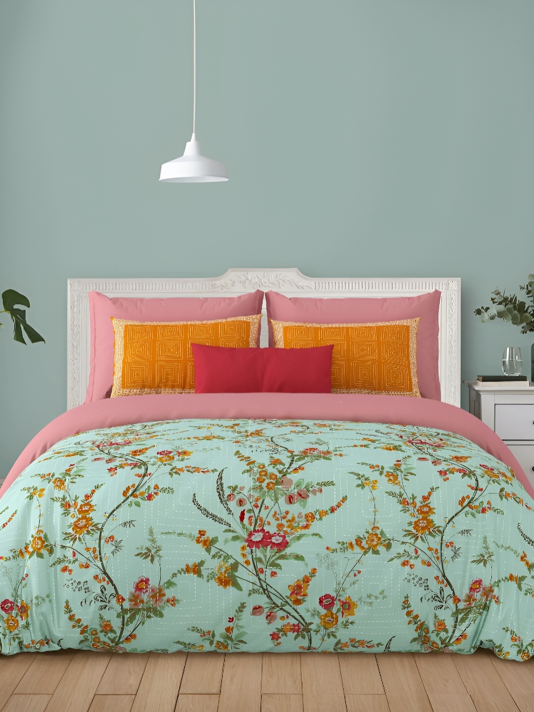 

LIVING ROOTS Super King Size Jaipur Block Print Cotton Double Bedsheet & 2 Pillow Covers, Green