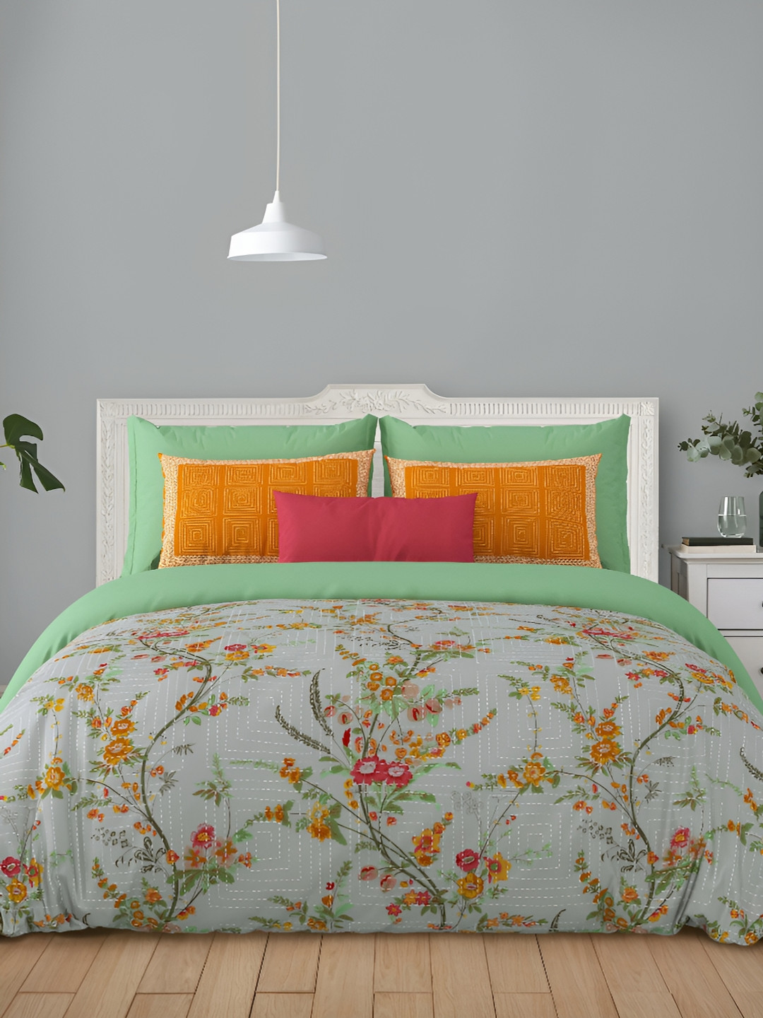 

LIVING ROOTS Super King Size Jaipur Block Print Cotton Double Bedsheet & 2 Pillow Covers, Grey
