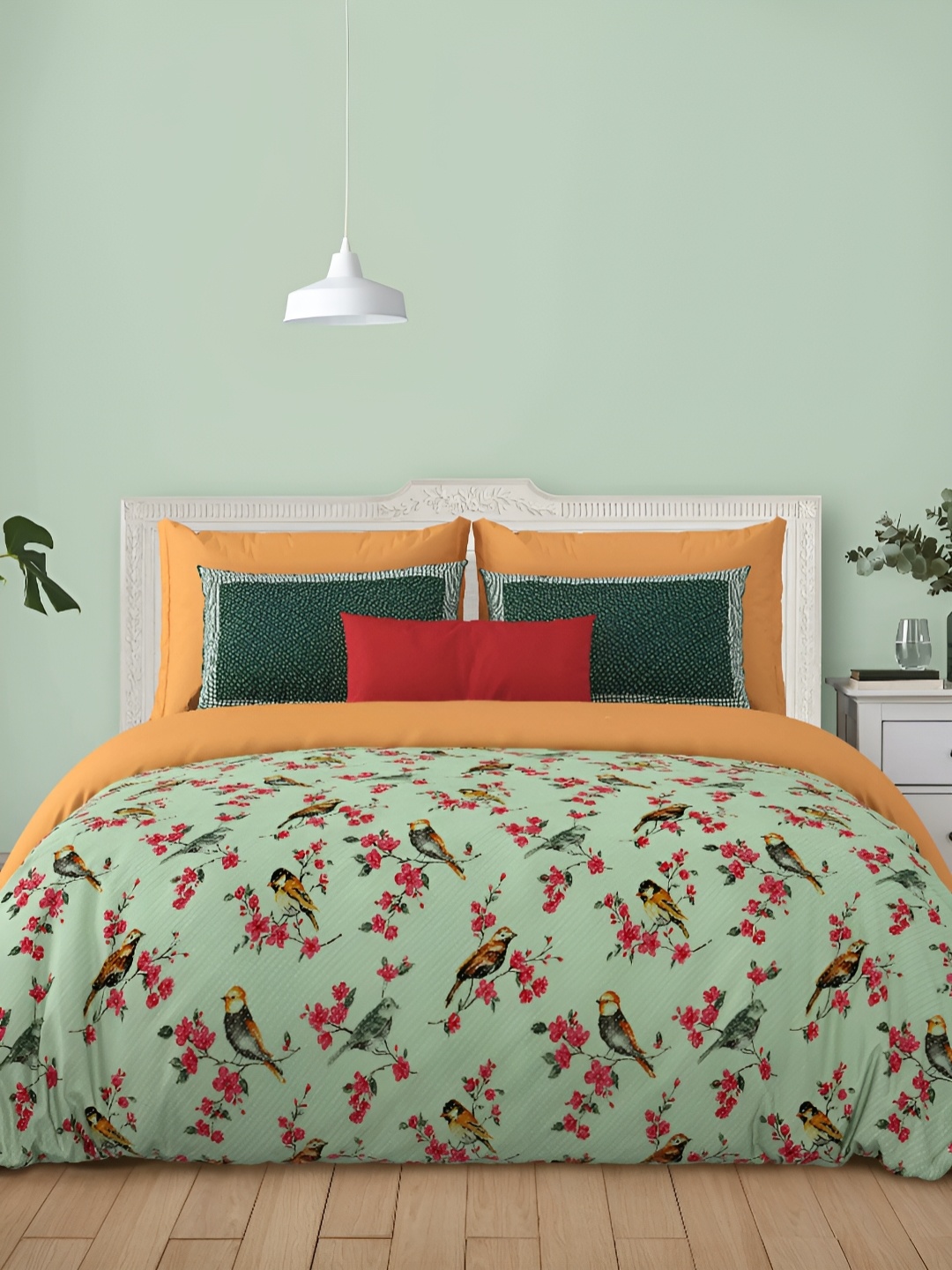 

LIVING ROOTS Super King Size Jaipur Block Print Cotton Double Bedsheet & 2 Pillow Covers, Green