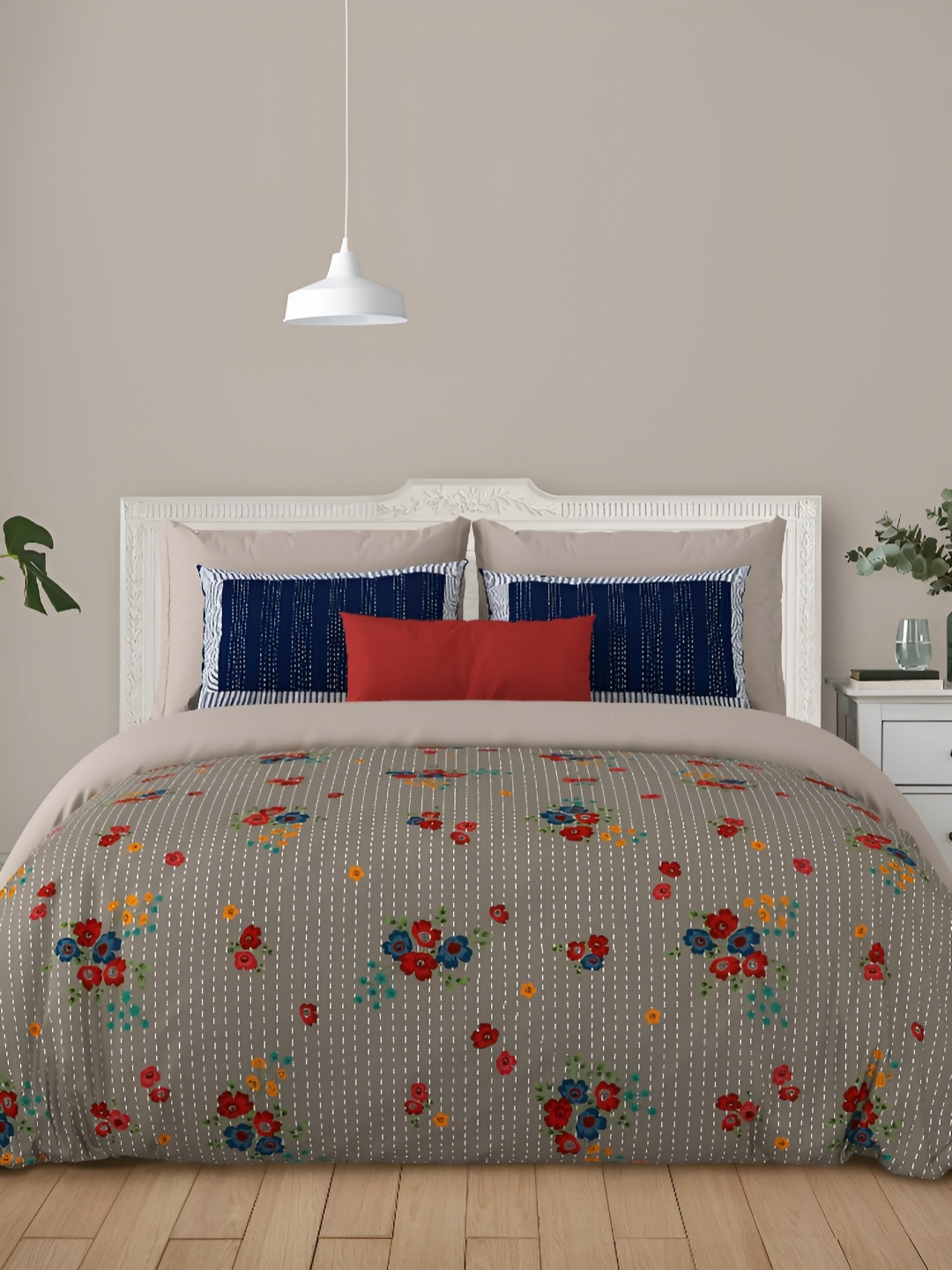 

LIVING ROOTS Super King Size Jaipur Block Print Cotton Double Bedsheet & 2 Pillow Covers, Grey