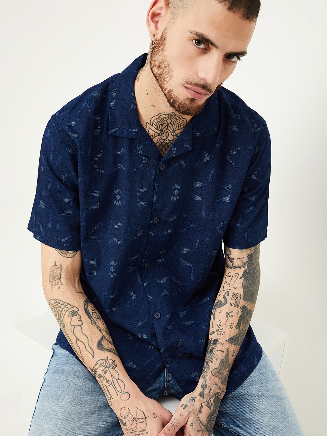 

max Cuban Collar Short Sleeves Printed Cotton Casual Shirt, Navy blue