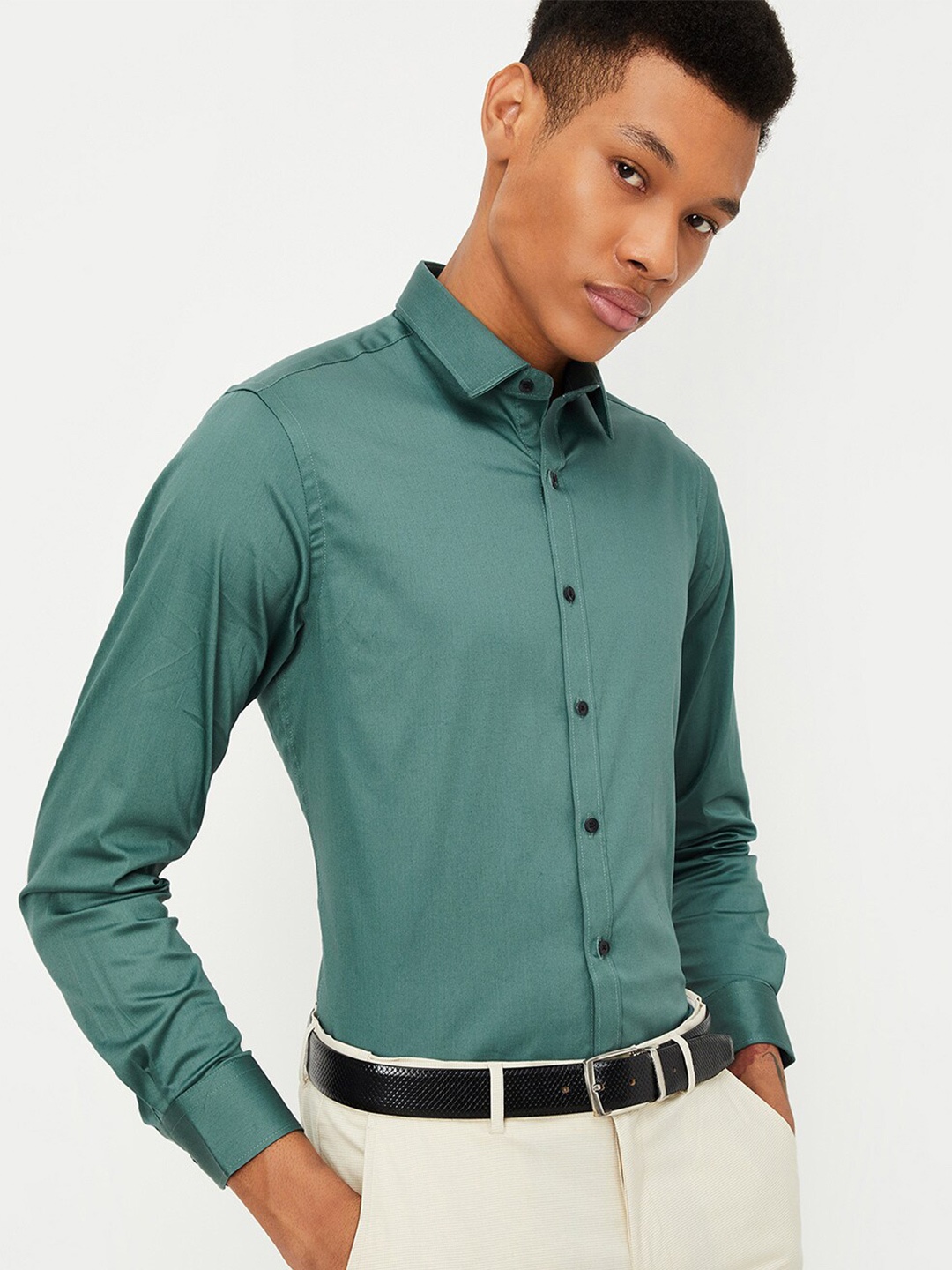

max Spread Collar Long Sleeves Cotton Casual Shirt, Green