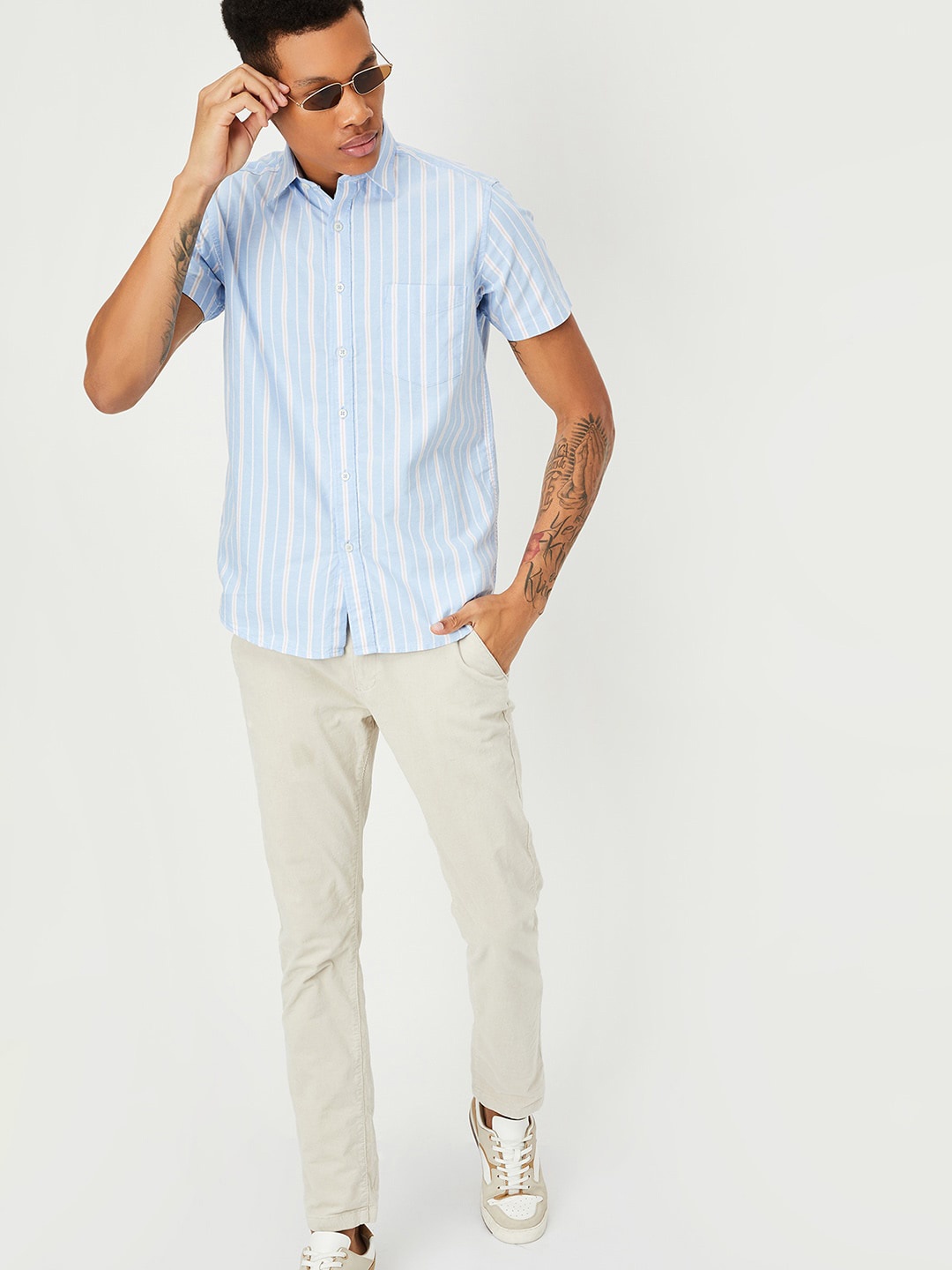 

max Short Sleeves Spread Collar Cotton Opaque Striped Casual Shirt, Blue