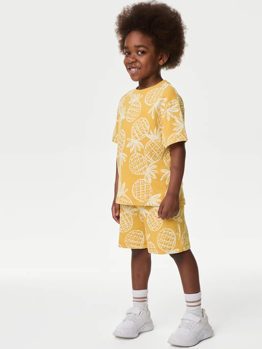 

Marks & Spencer Boys Round Neck Short Sleeves Printed Pure Cotton Tshirt With Shorts, Yellow