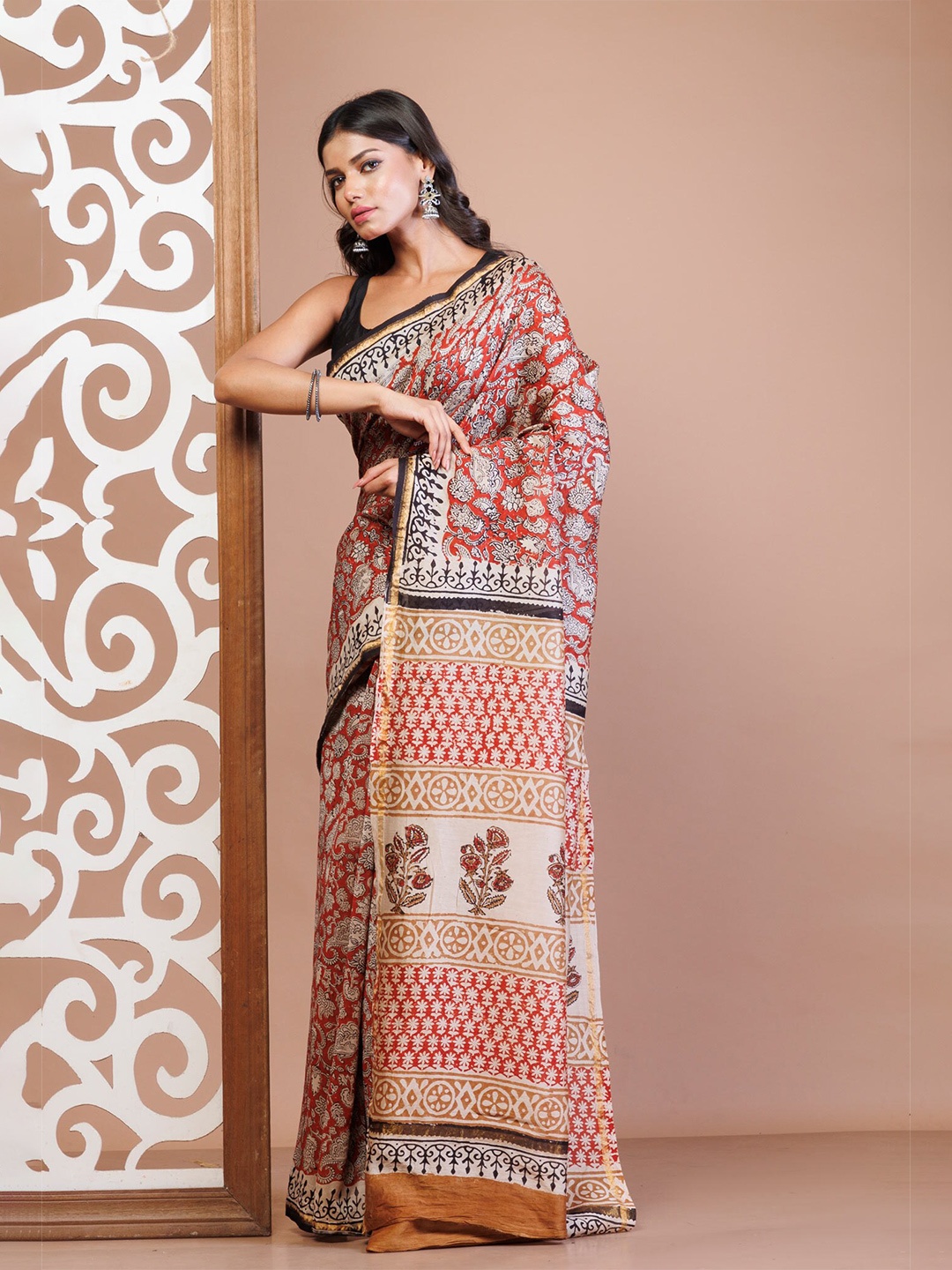 

Unnati Silks Kalamkari Silk Cotton Handloom Chanderi Saree, Red