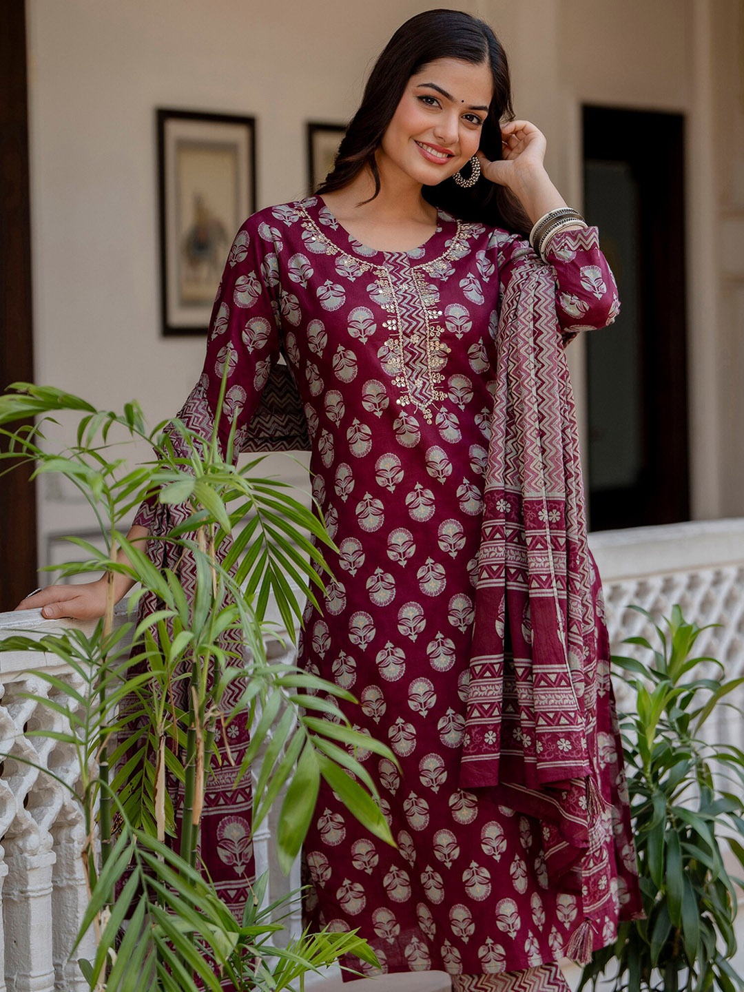 

Anouk Maroon Floral Printed Aari Work Pure Cotton Kurta with Trousers & Dupatta