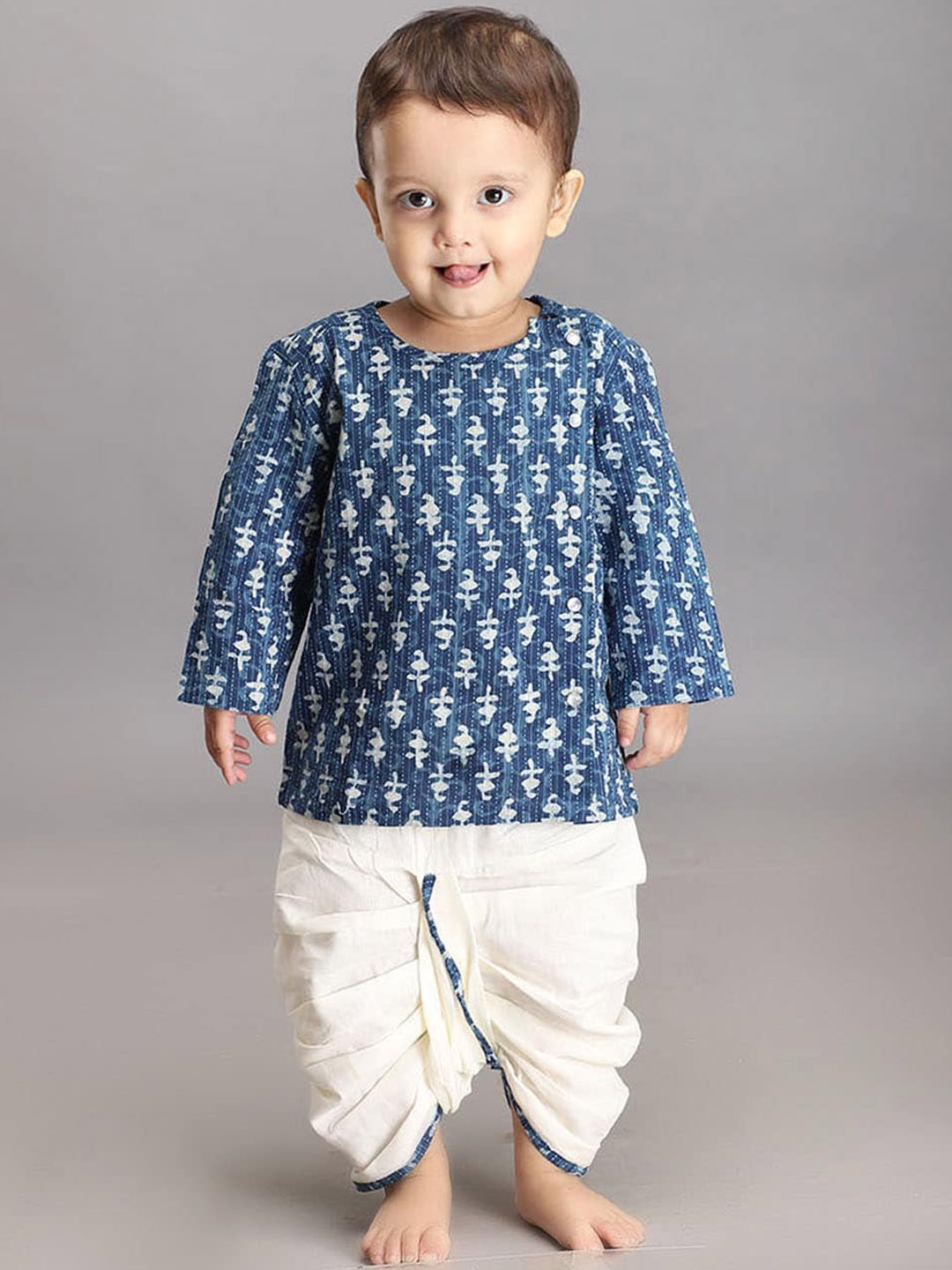 

Biglilpeople Boys Floral Printed Regular Cotton Silk Kurta & Dhoti Pants, Blue